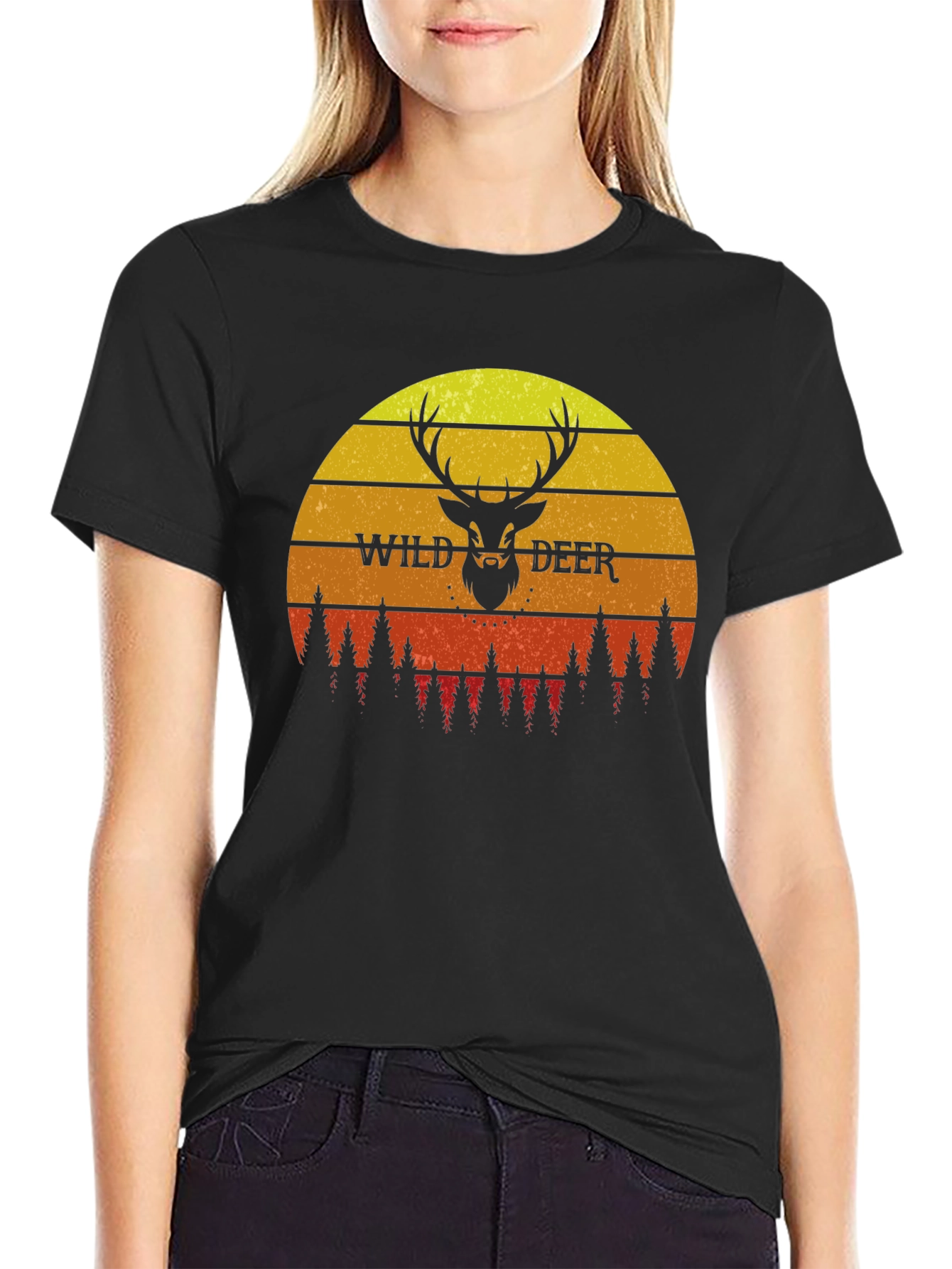 Black Wild Deer Sunset Graphic T-Shirt - Nature Lover Tee view 2