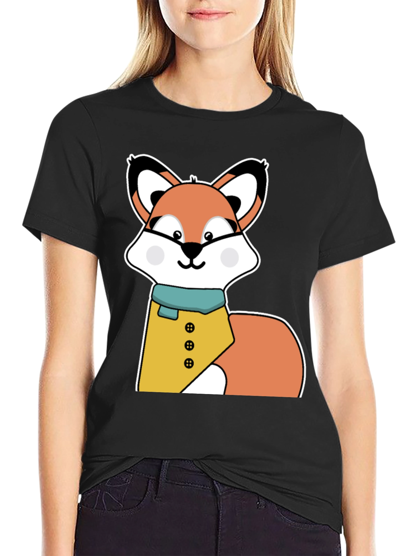 Black Cute Cartoon Fox T-Shirt - Stylish Animal Graphic Tee view 2