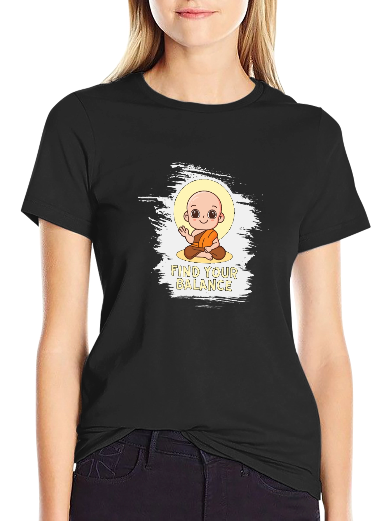 Black Find Your Balance T-Shirt - Cute Monk Design view 2
