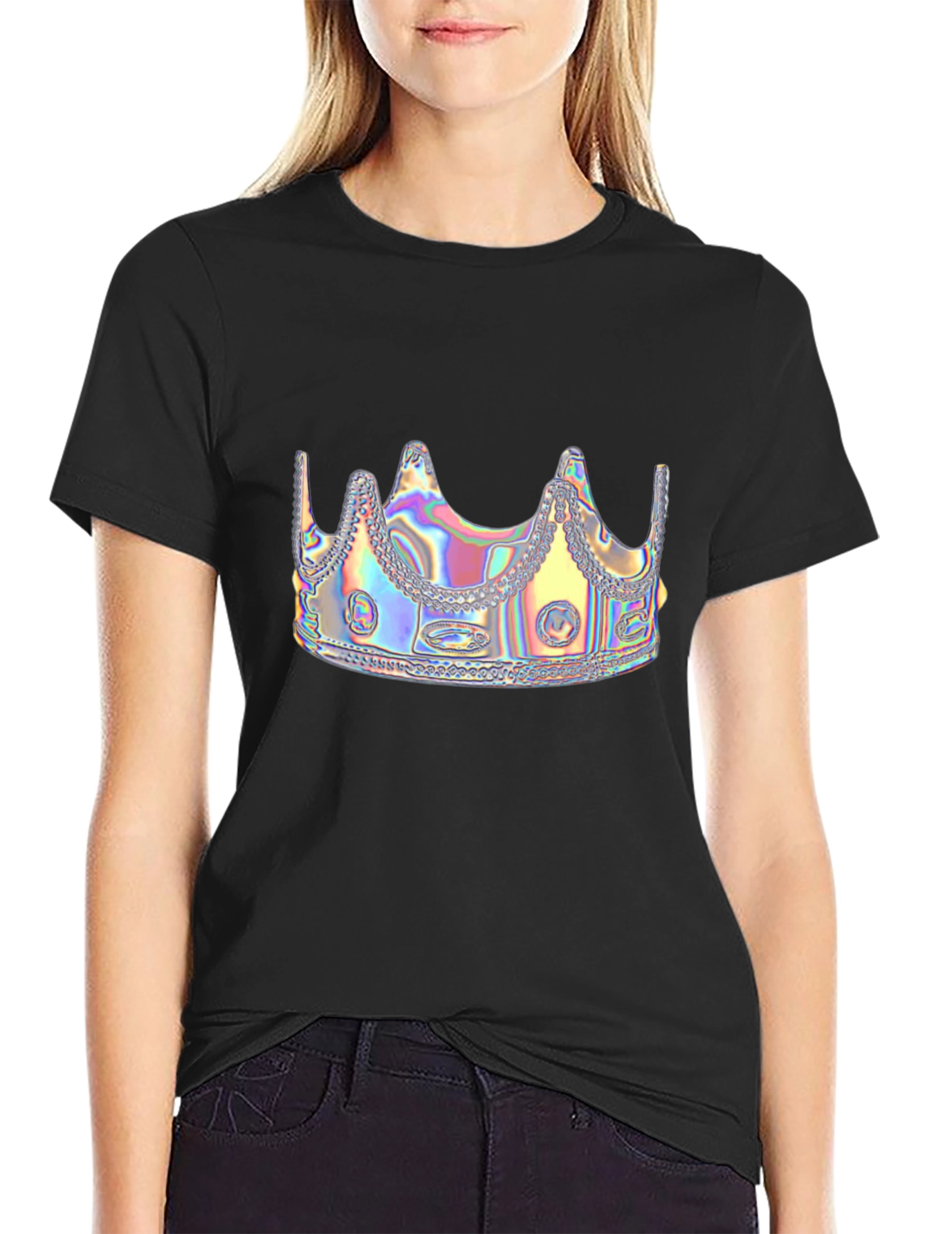 Black Holographic Crown Graphic Black Tee Shirt view 2