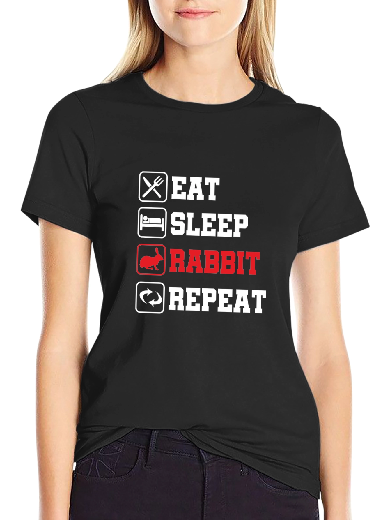 Black Eat Sleep Rabbit Repeat T-Shirt - Funny Pet Owner Tee view 2