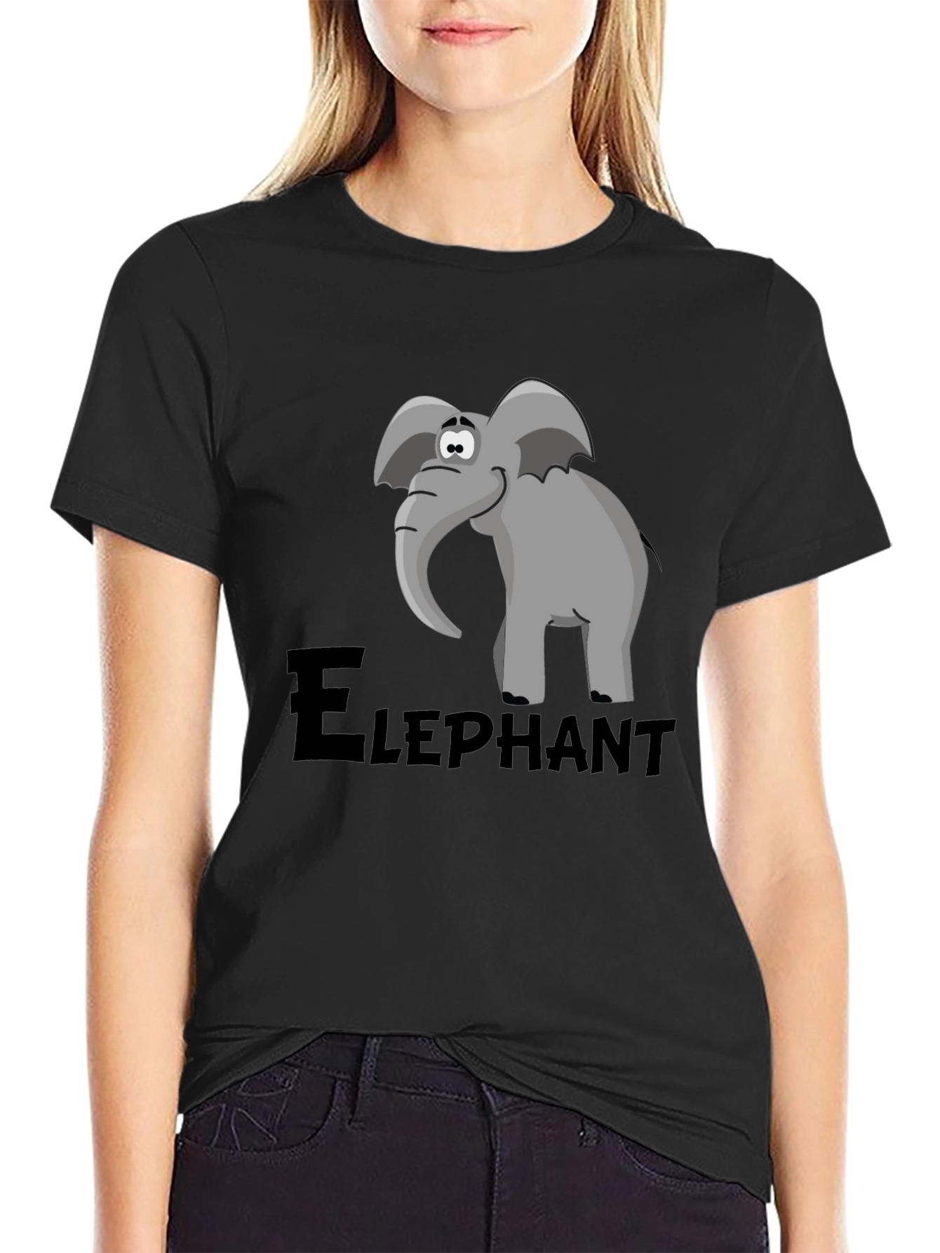 Black Elephant Cartoon Graphic Tee - Black view 2