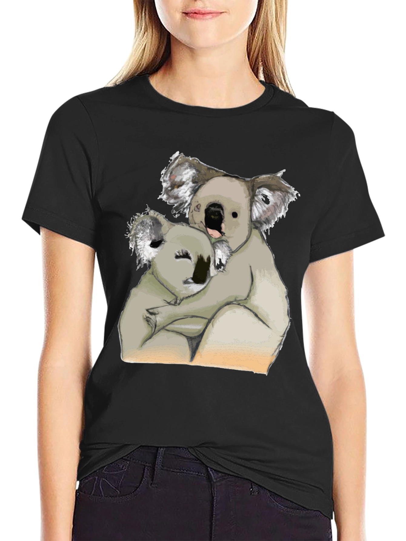 Black Koala Hug T-Shirt - Black Cotton Tee view 2