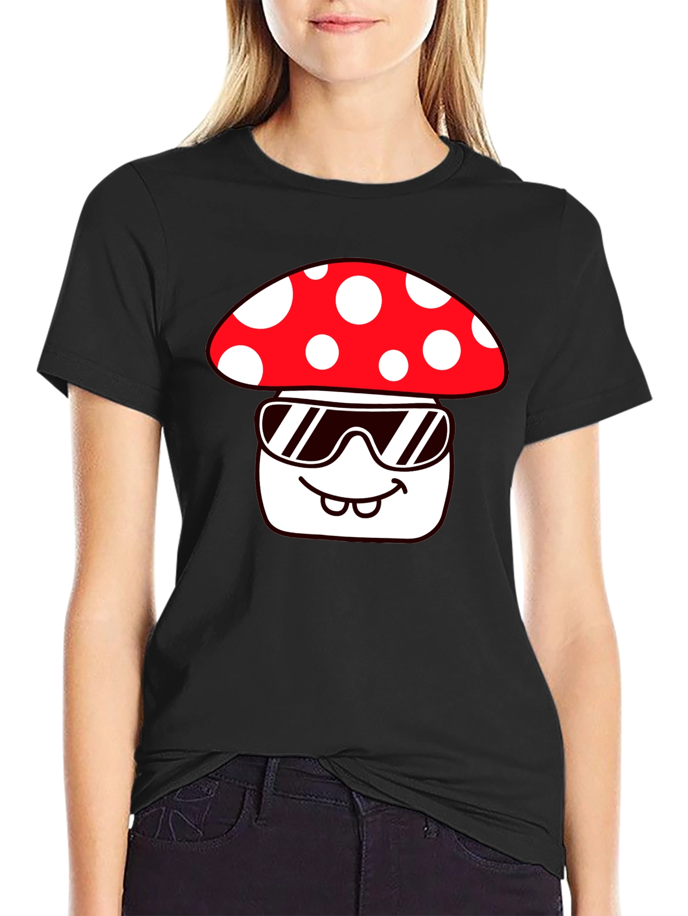 Black Cool Mushroom Graphic Tee - Quirky Fun Design view 2