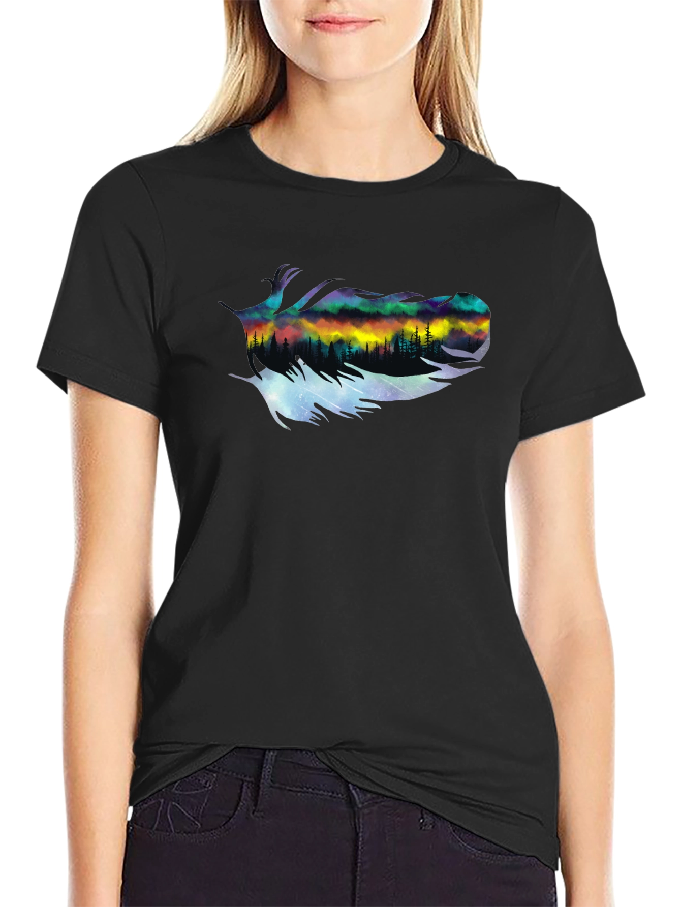 Black Northern Lights Feather Graphic T-Shirt view 2
