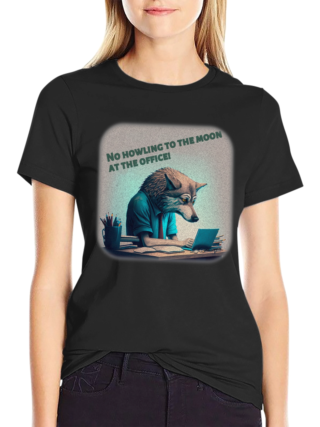 Black No Howling at the Office Tee view 2