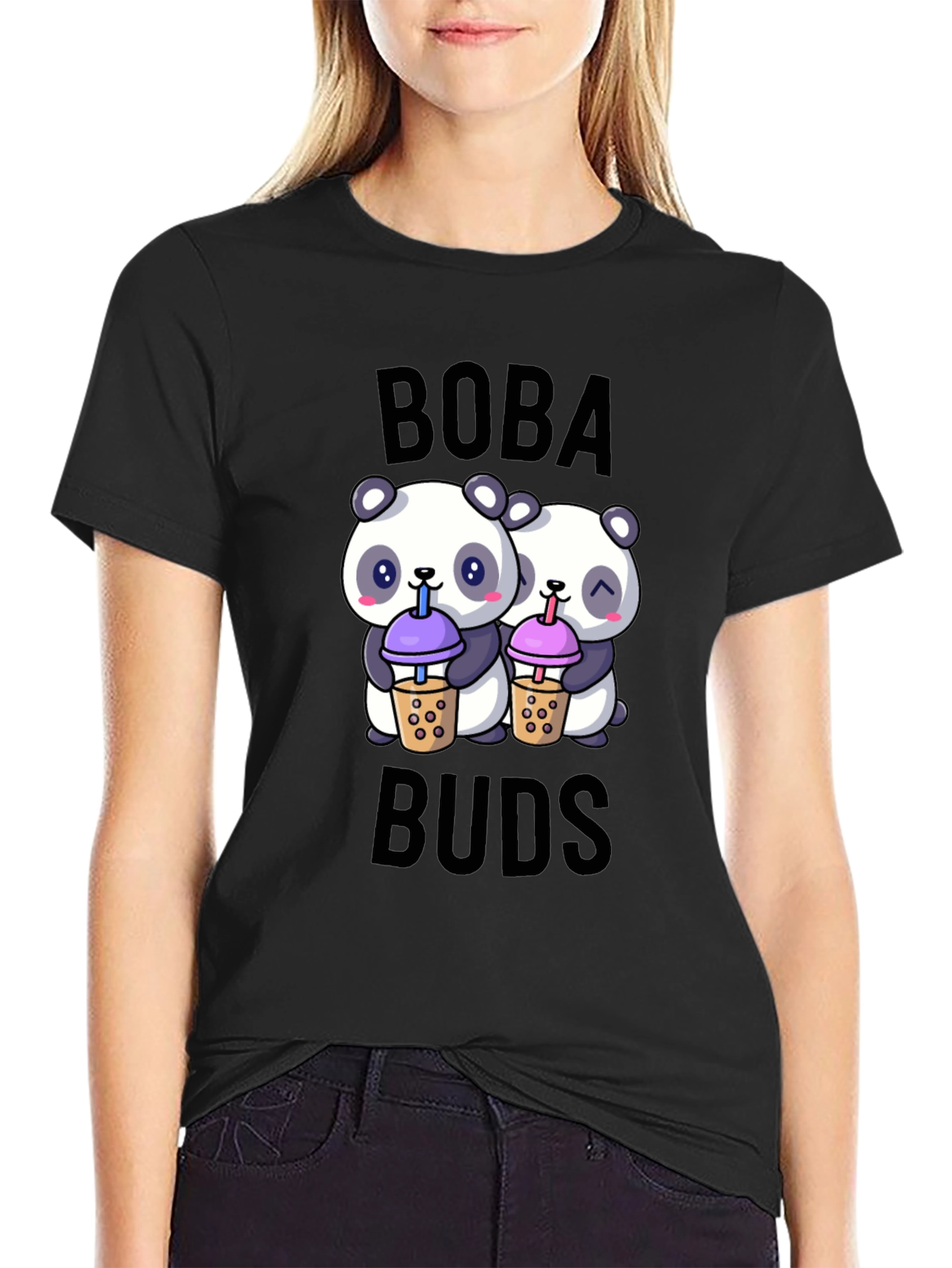 Black Boba Buds Panda T-Shirt: Cute Bubble Tea Lover Tee view 2