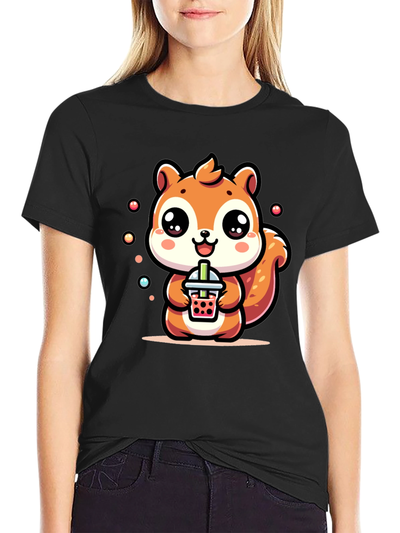 Black Cute Squirrel Boba Tea Graphic T-Shirt view 2
