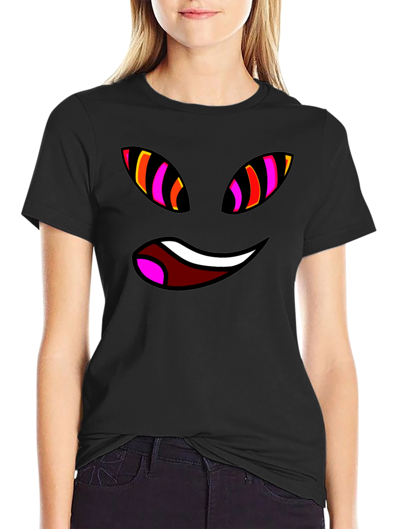 Black Funky Face Graphic Tee - Black Cotton Blend T-Shirt view 2