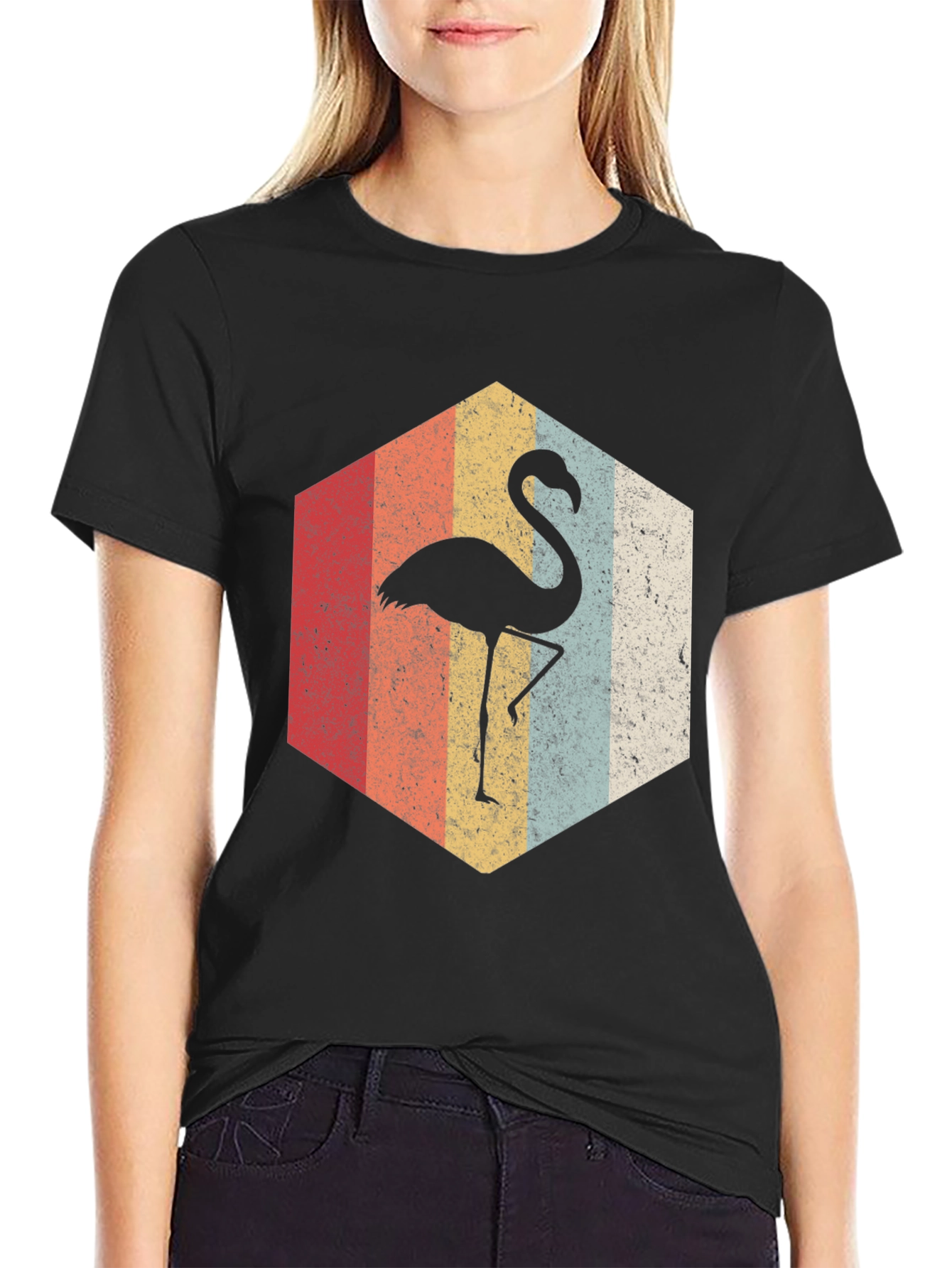 Black Retro Flamingo Hexagon Graphic Tee view 2