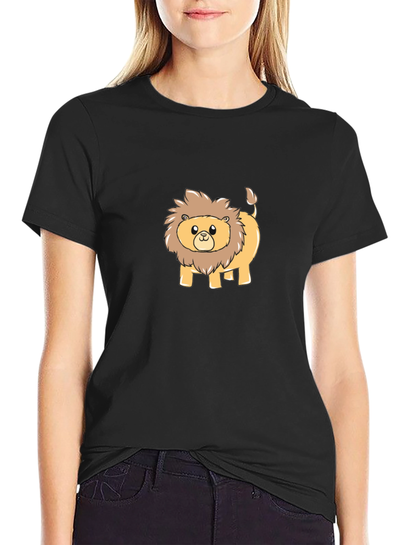 Black Cute Cartoon Lion Black T-Shirt view 2