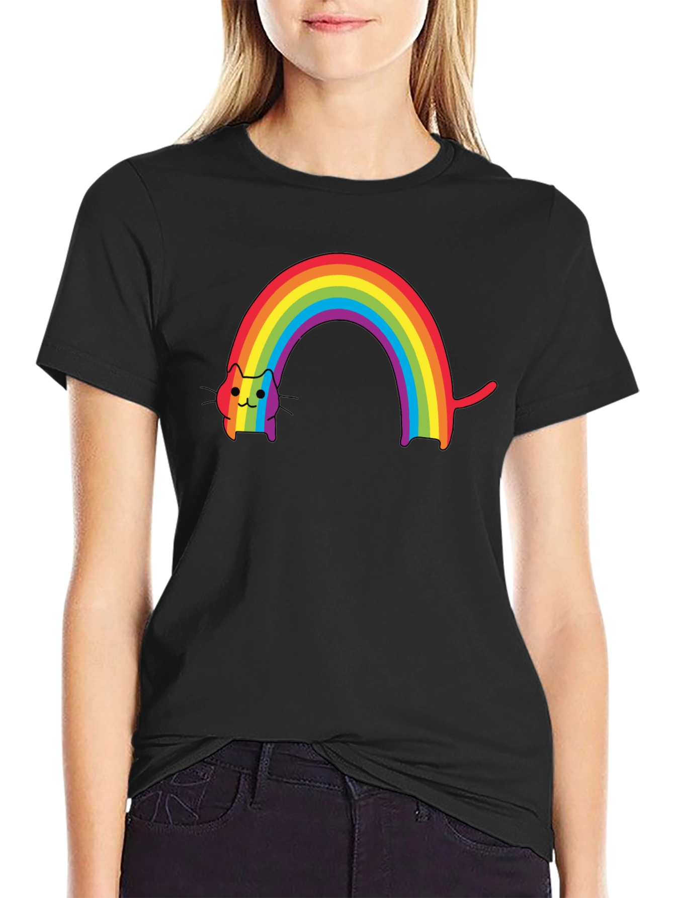 Black Rainbow Cat Graphic Tee - Stylish Comfort view 2