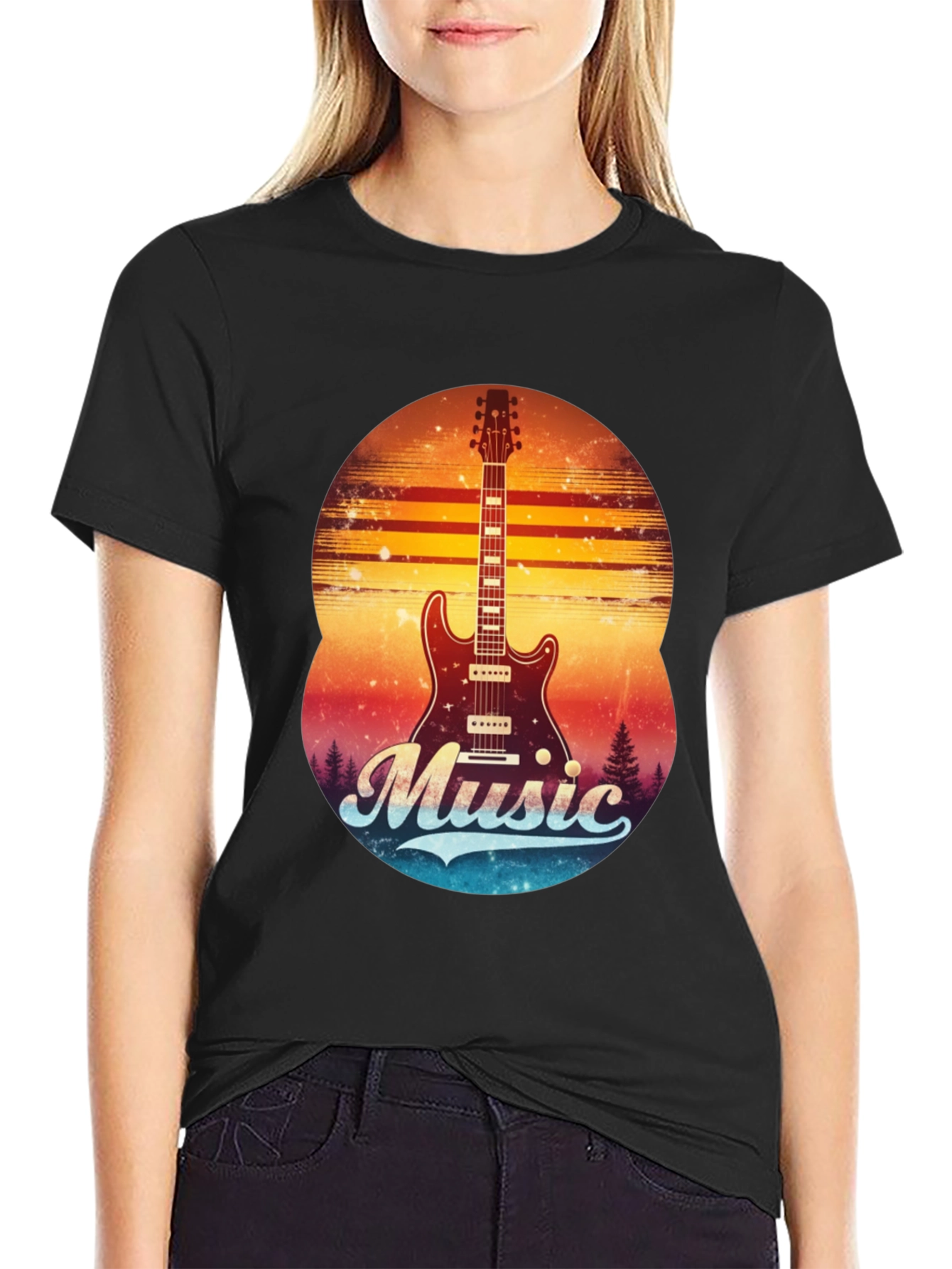 Black Retro Guitar Music T-Shirt view 2