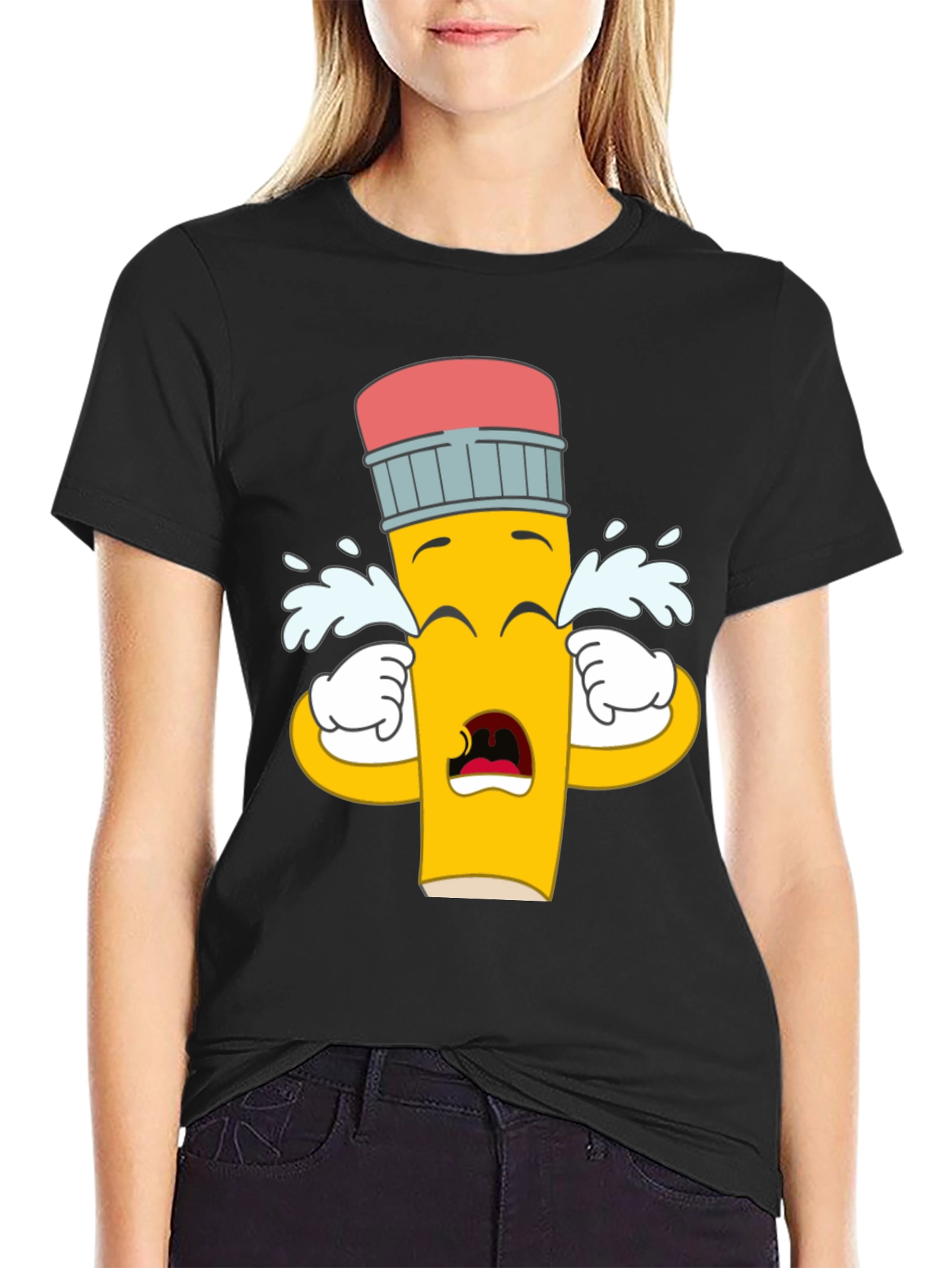 Black Crying Pencil Graphic Tee - Black Cotton Blend view 2