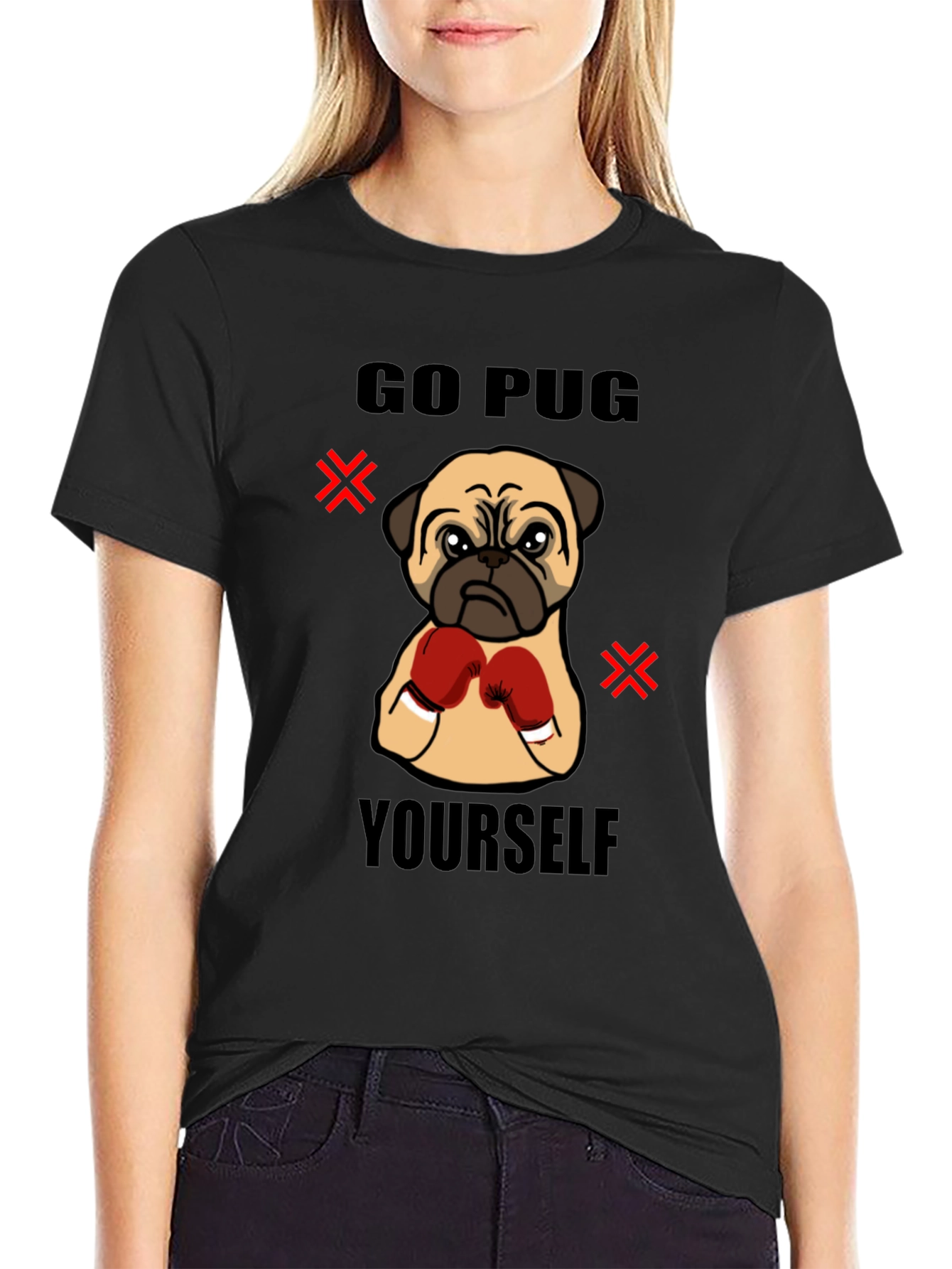 Black Go Pug Yourself Funny Boxing Pug Graphic T-Shirt view 2