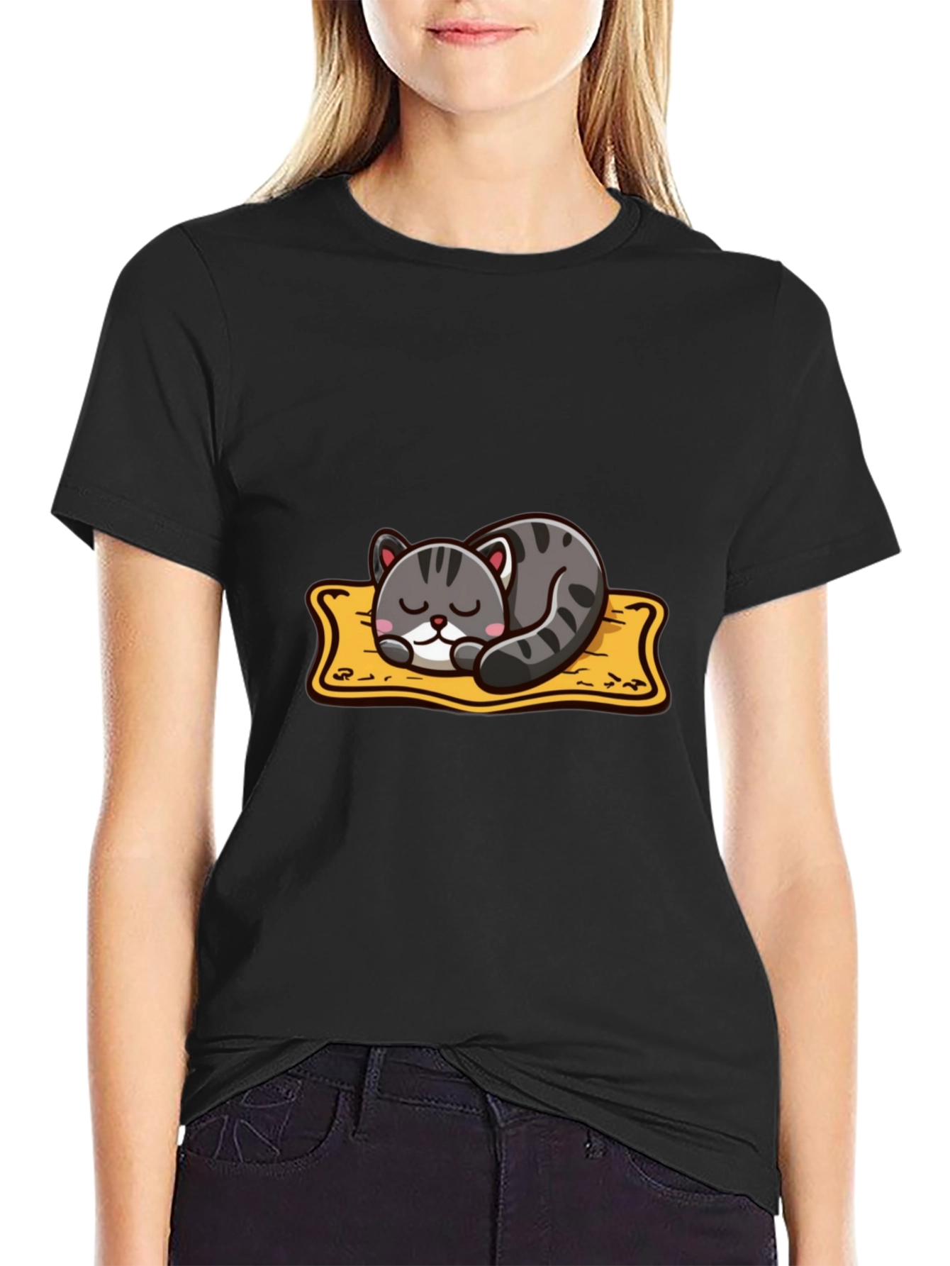 Black Cute Cartoon Cat Nap T-Shirt - Black view 2