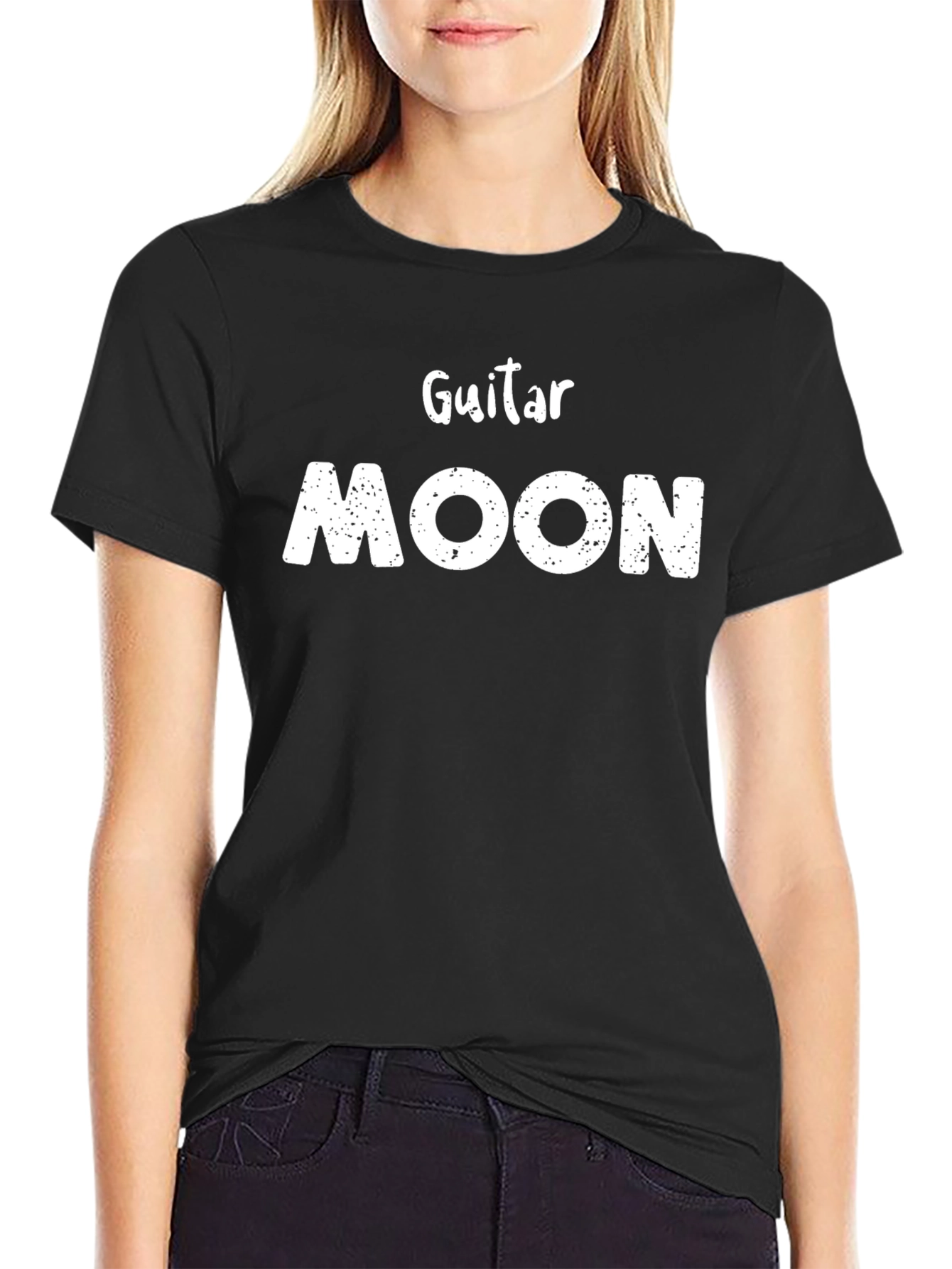 Black Guitar Moon Graphic Tee - Black Cotton T-Shirt view 2
