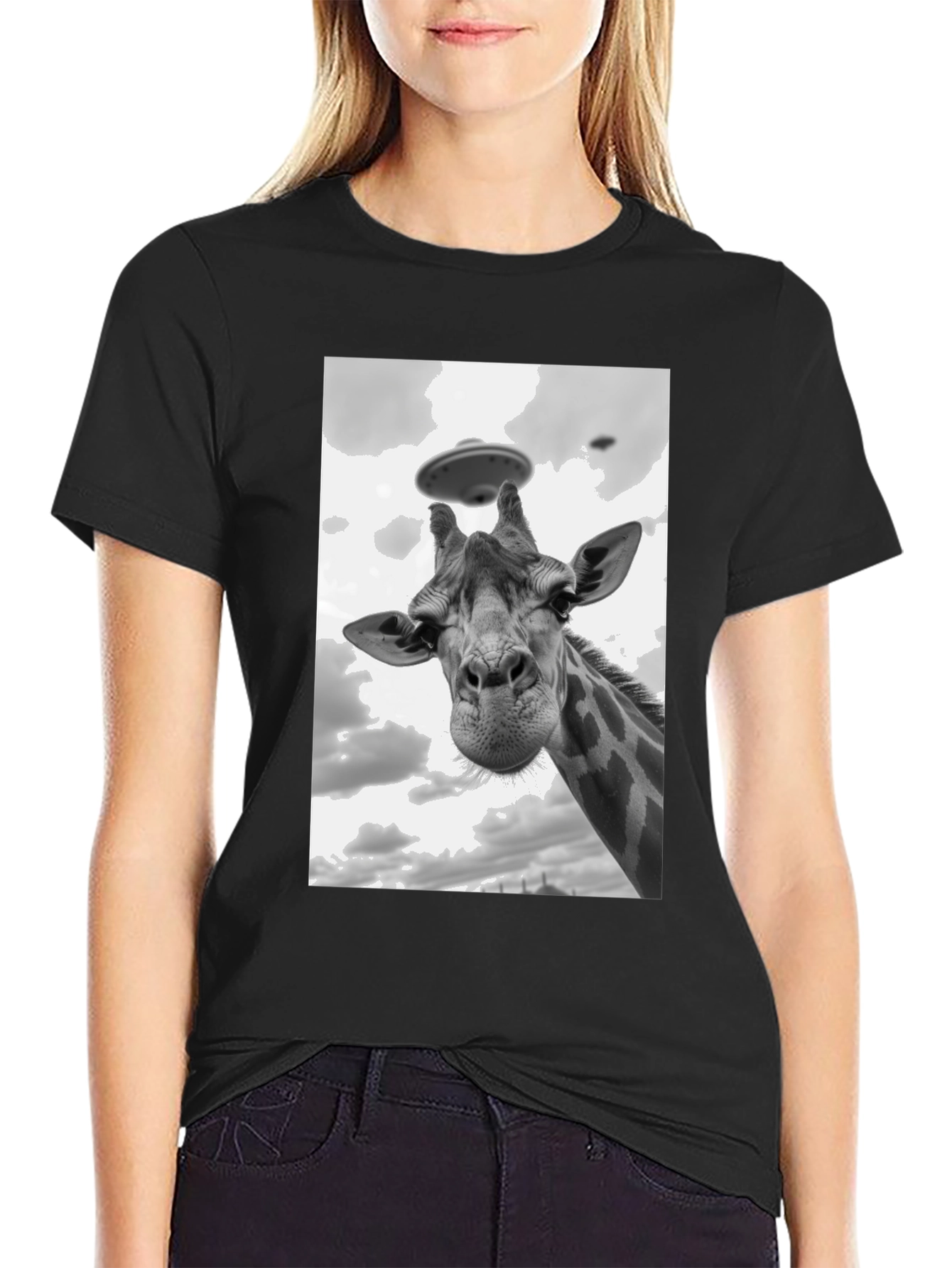 Black Giraffe Abduction T-Shirt: Quirky UFO Tee view 2