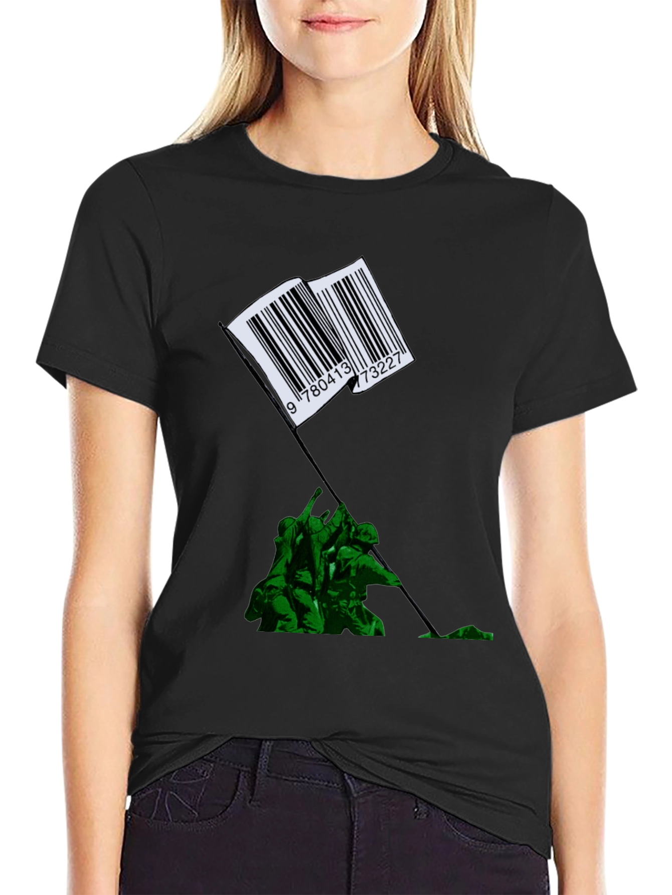 Black Barcode Flag Raising Graphic T-Shirt view 2