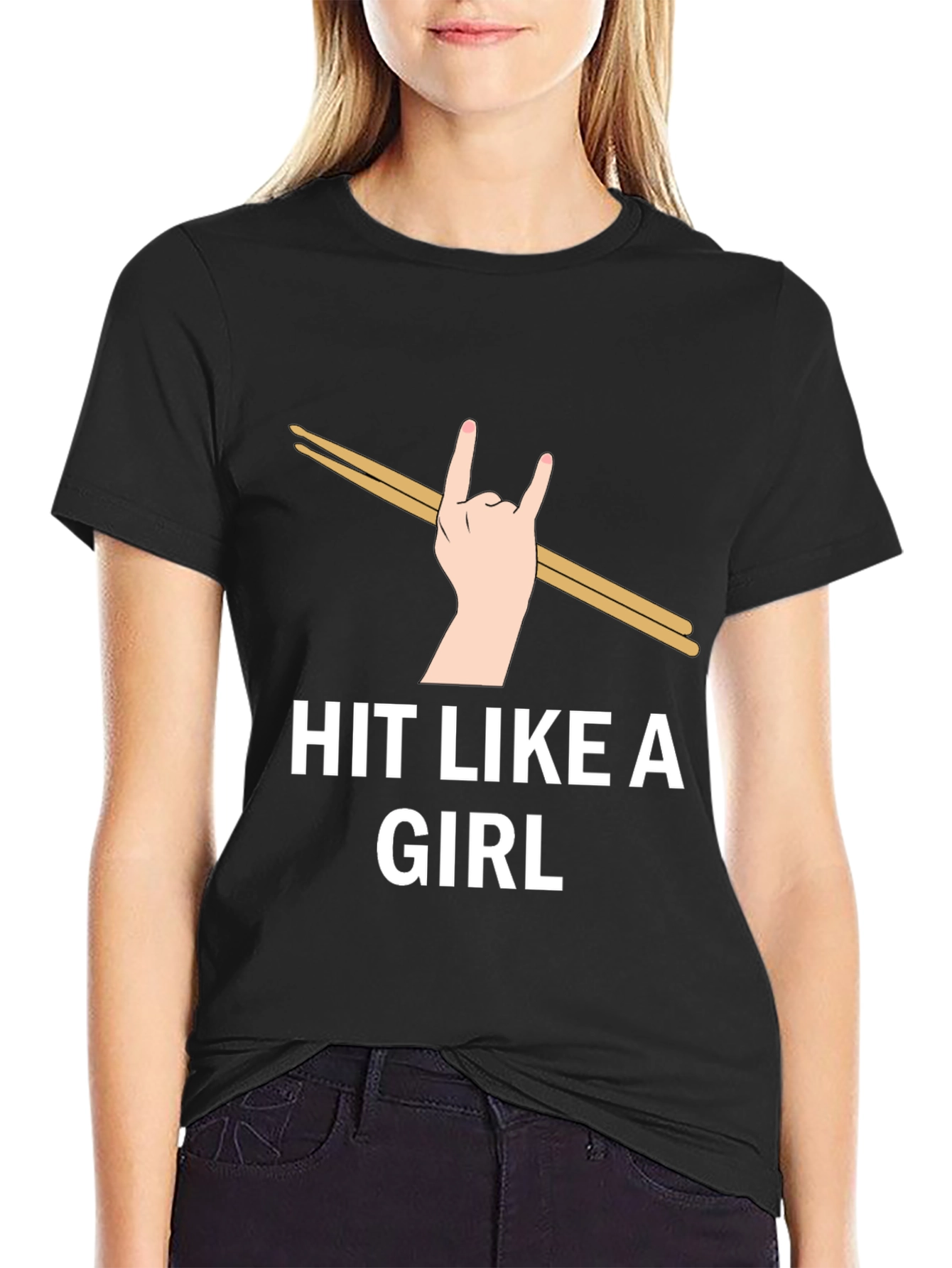 Black Hit Like a Girl Drummer T-Shirt - Music Lover Tee view 2