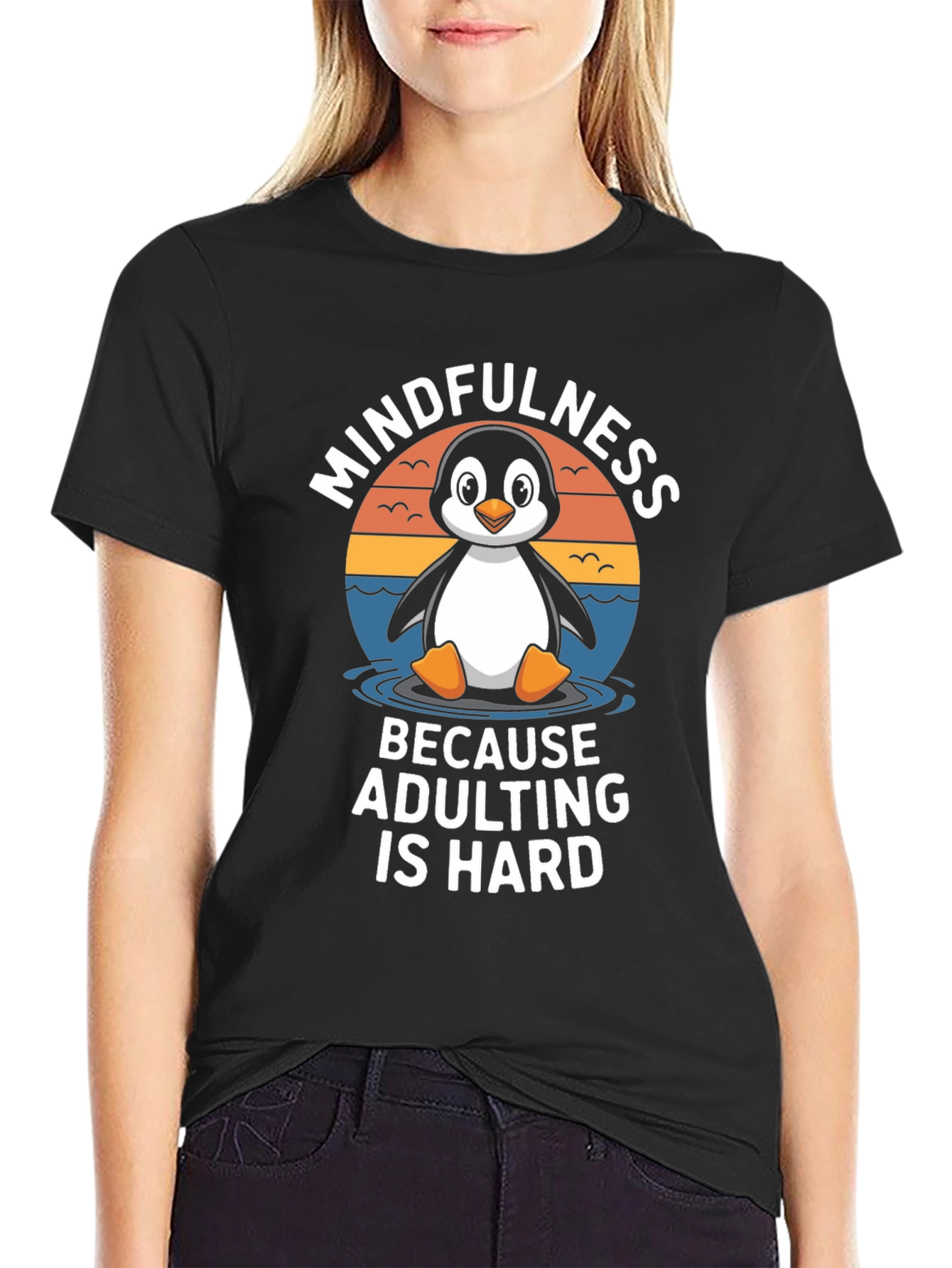 Black Mindfulness Penguin T-Shirt: Adulting is Hard Tee view 2