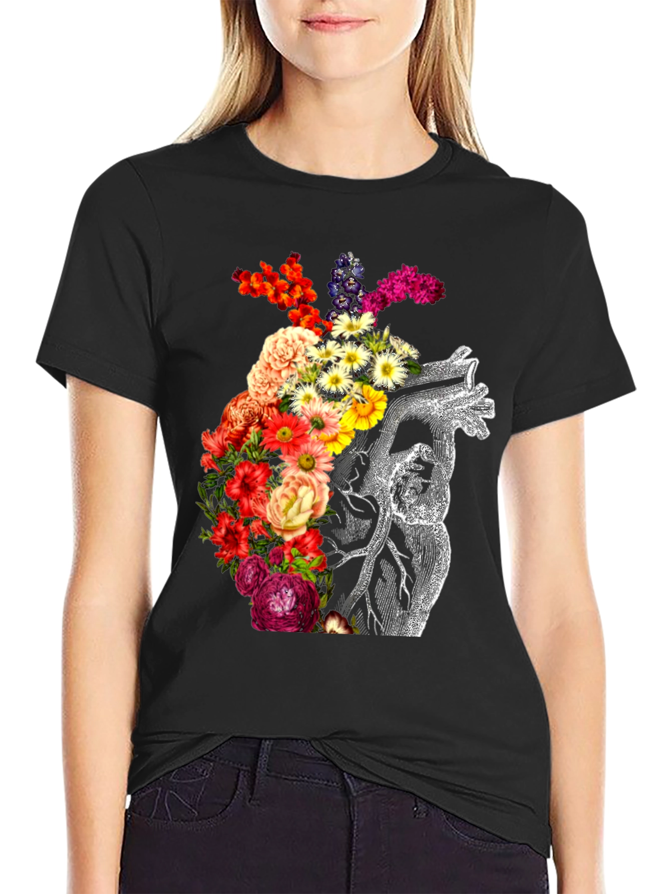 Black Floral Heart Graphic Black T-Shirt view 2