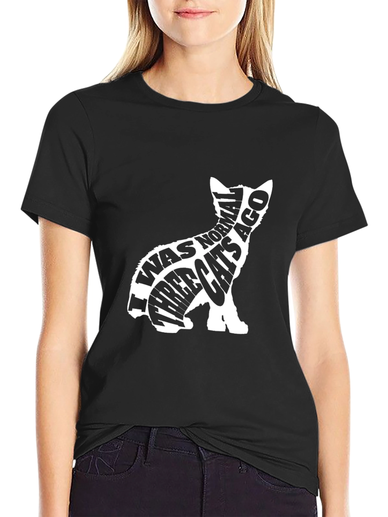 Black Funny Cat Lover T-Shirt - "I Was Normal Three Cats Ago" view 2