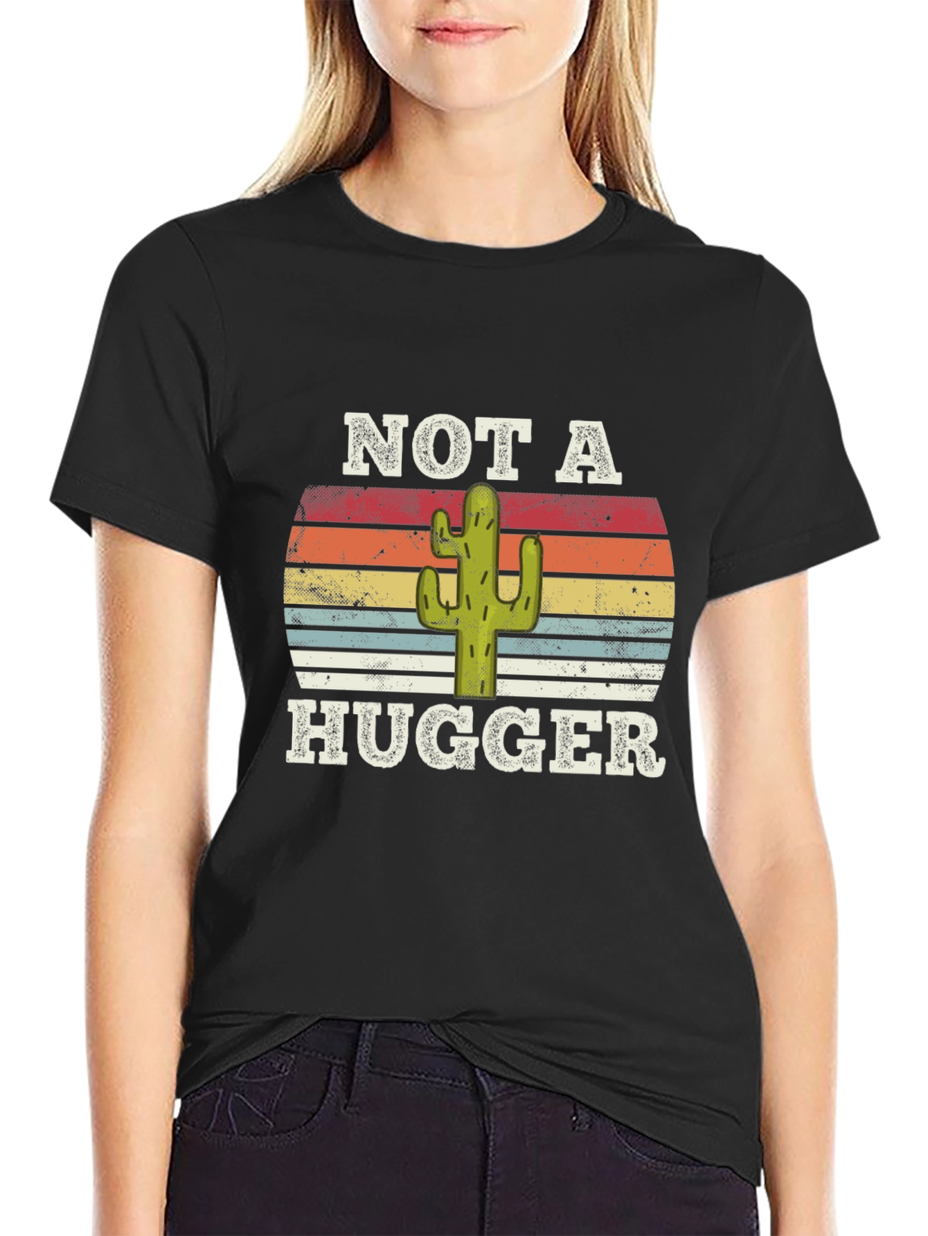 Black Not a Hugger Cactus Graphic T-Shirt view 2