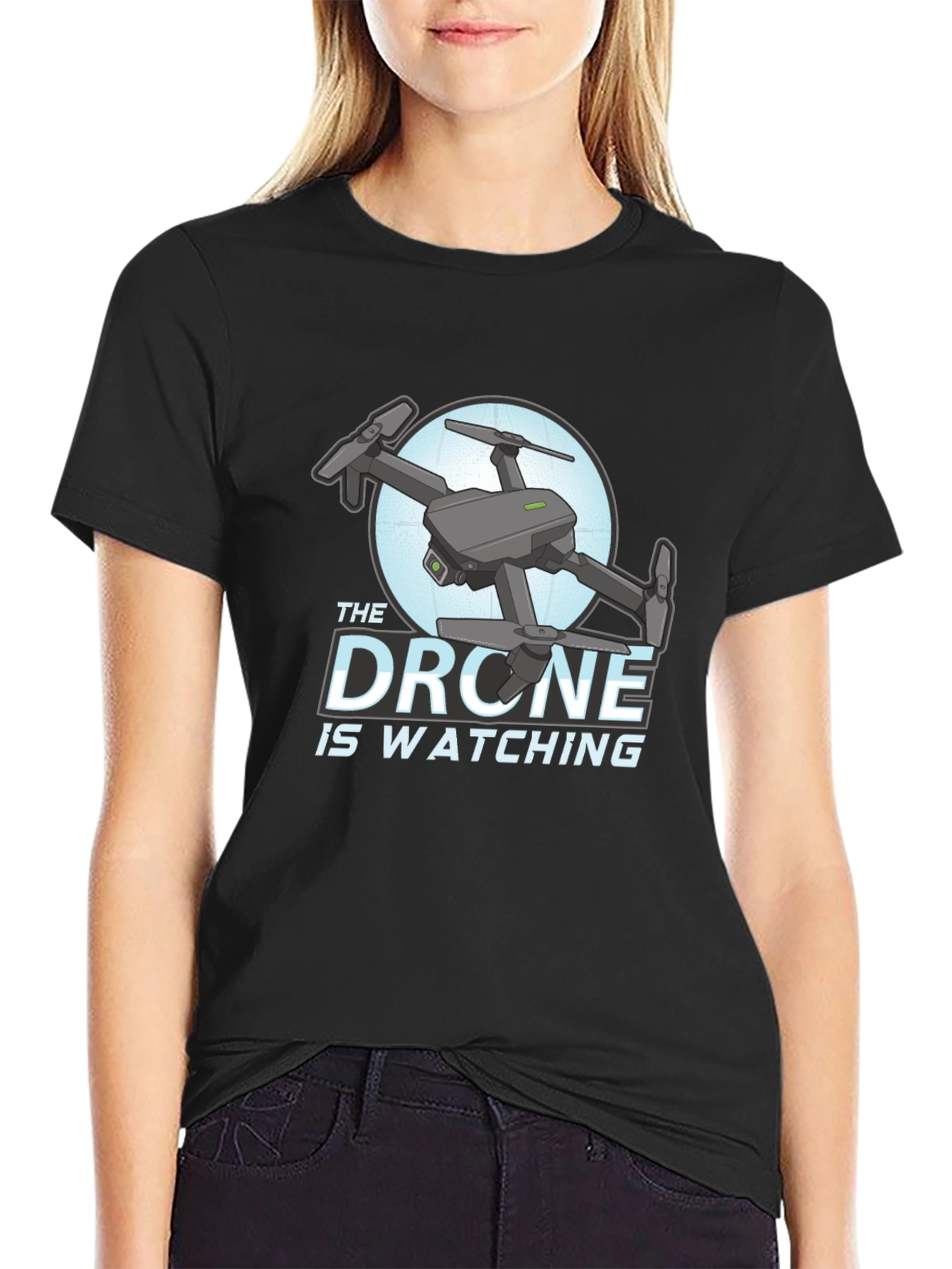 Black The Drone Is Watching Graphic T-Shirt view 2