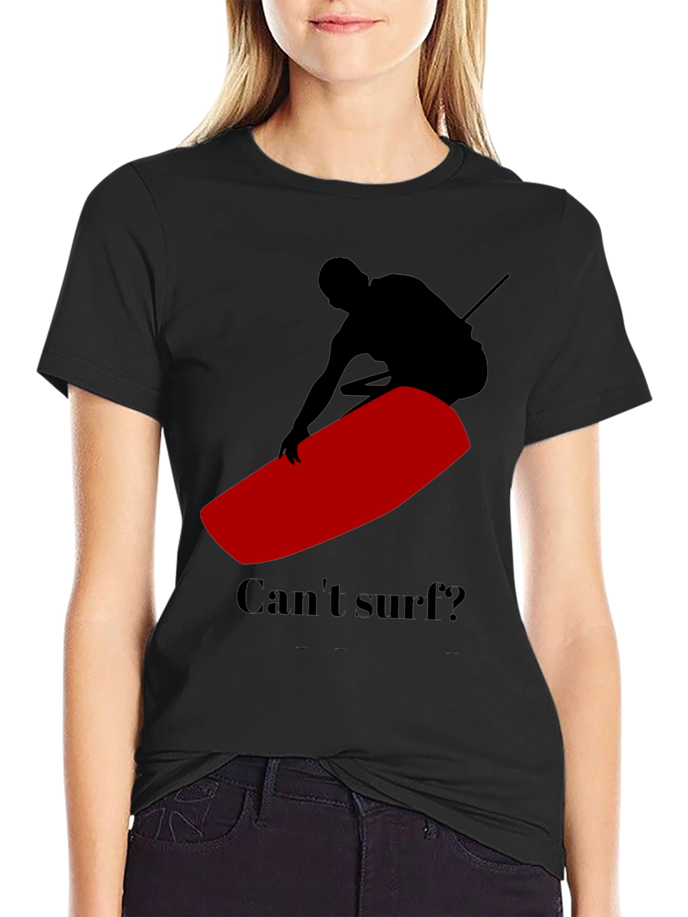 Black Can't Surf Black T-Shirt with Red Surfboard Graphic view 2