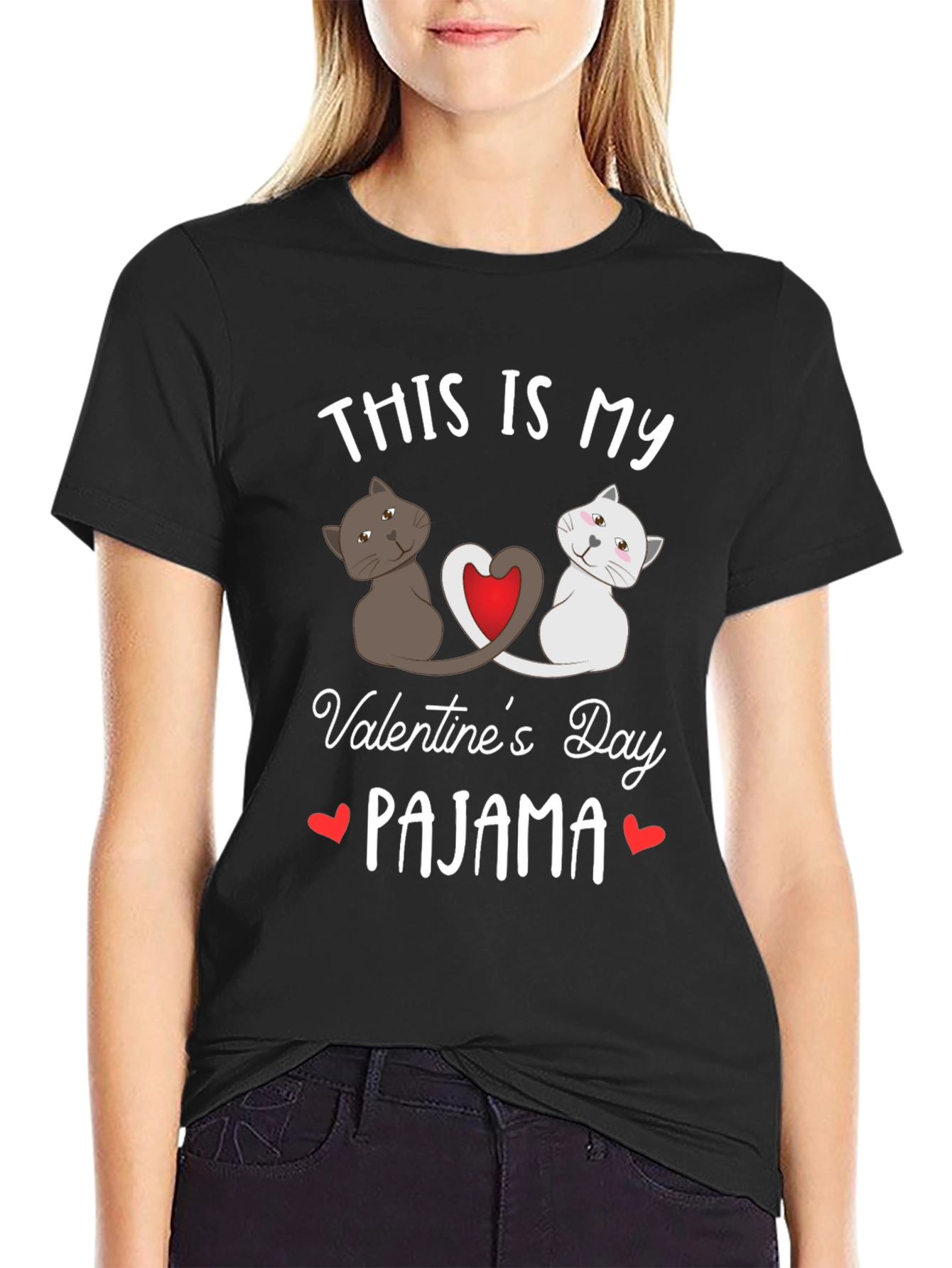 Black Valentine's Day Cat Pajama T-Shirt view 2