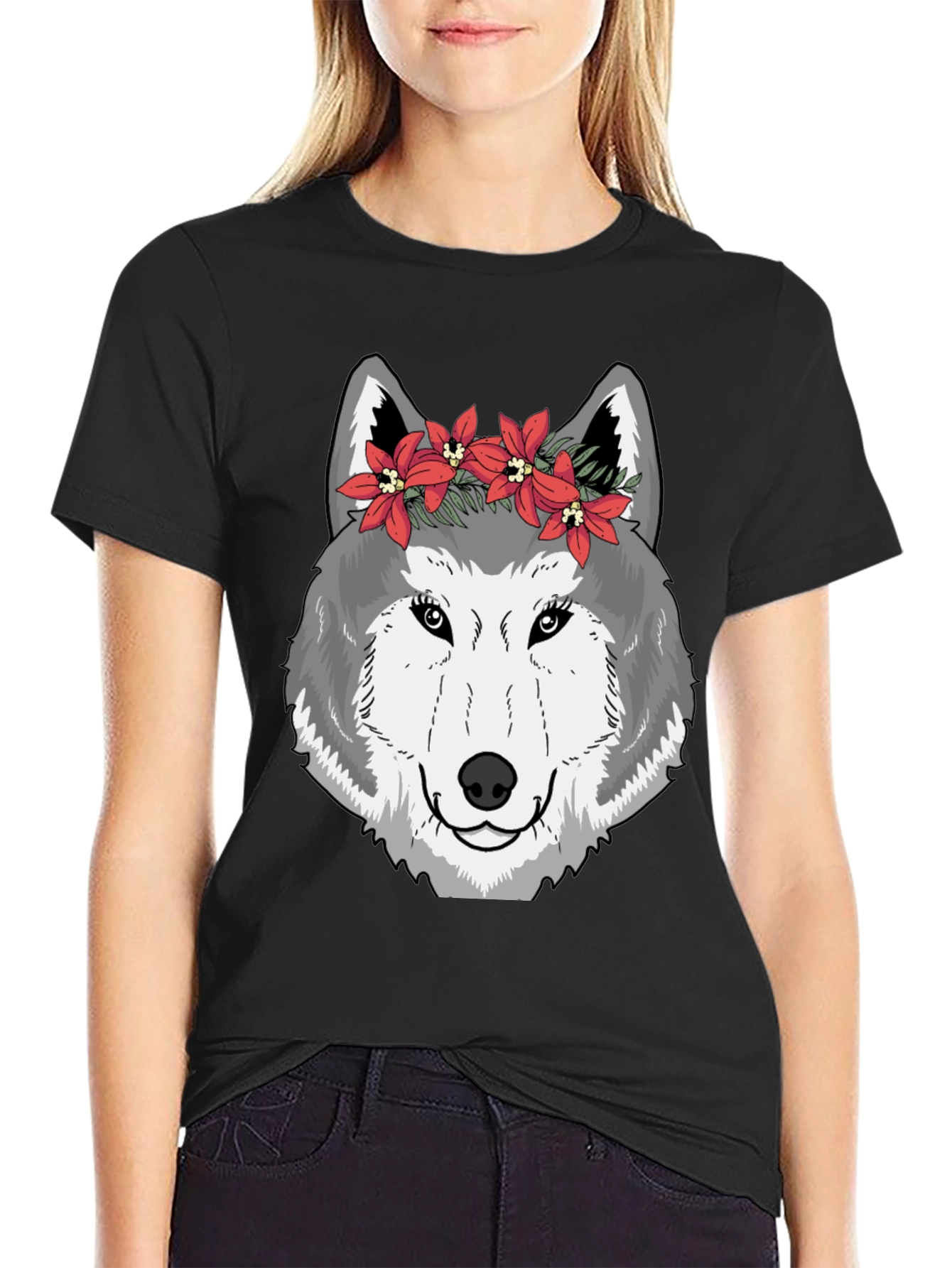 Black Wolf Floral Crown Graphic Tee - Cool Casual Style view 2