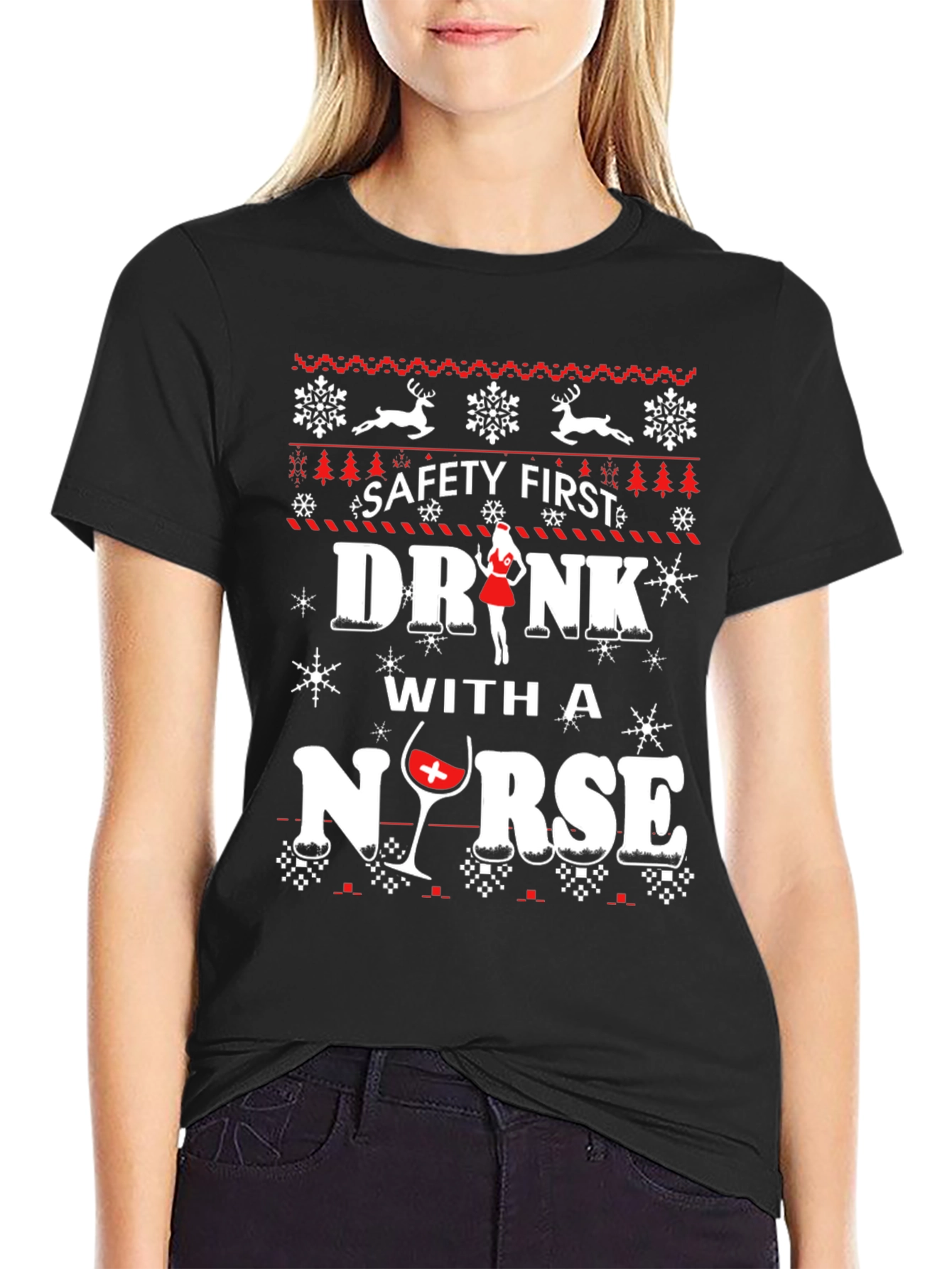 Black Safety First Drink with a Nurse T-Shirt view 2