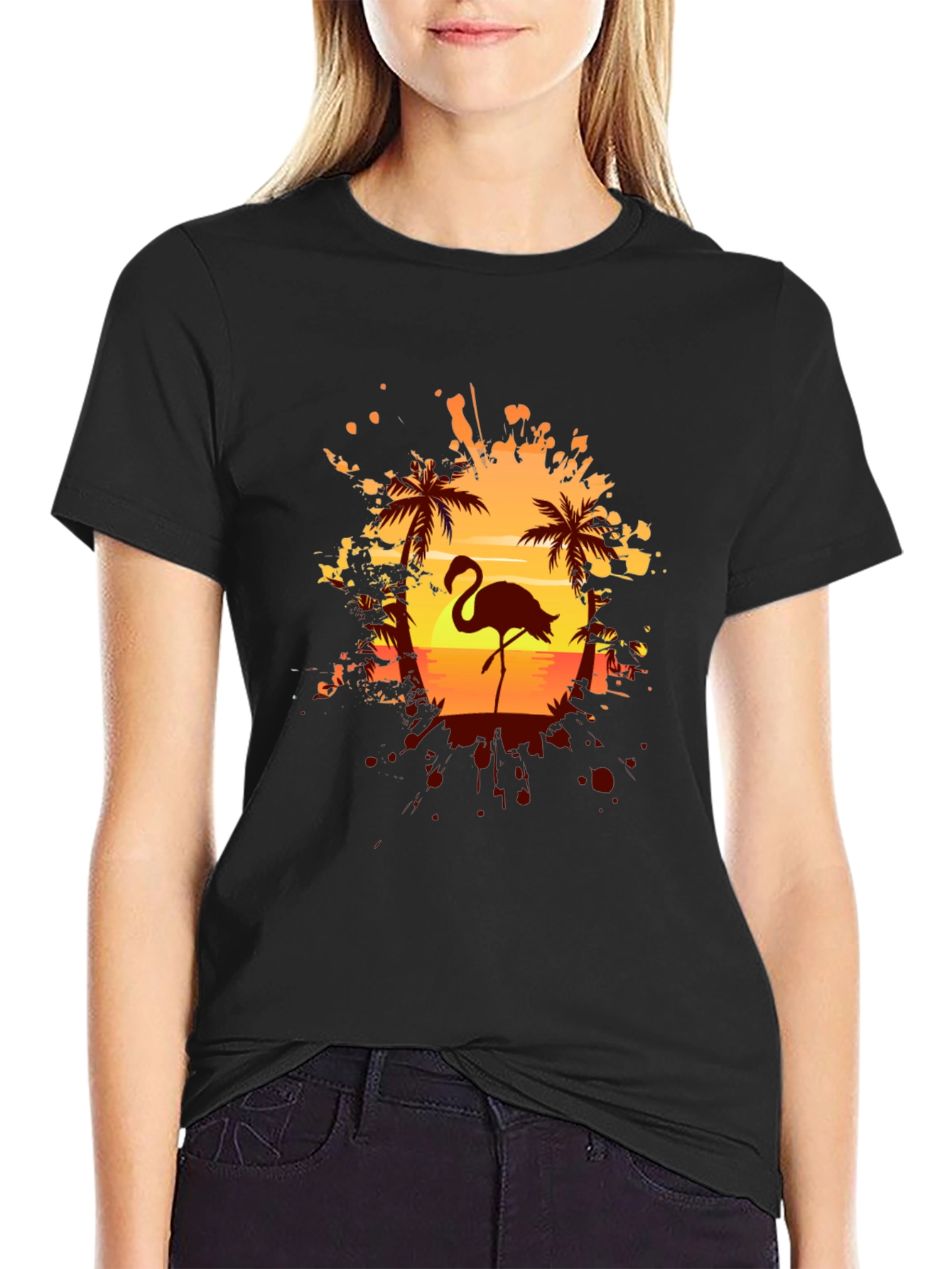 Black Flamingo Sunset Graphic Tee - Tropical Vibes view 2
