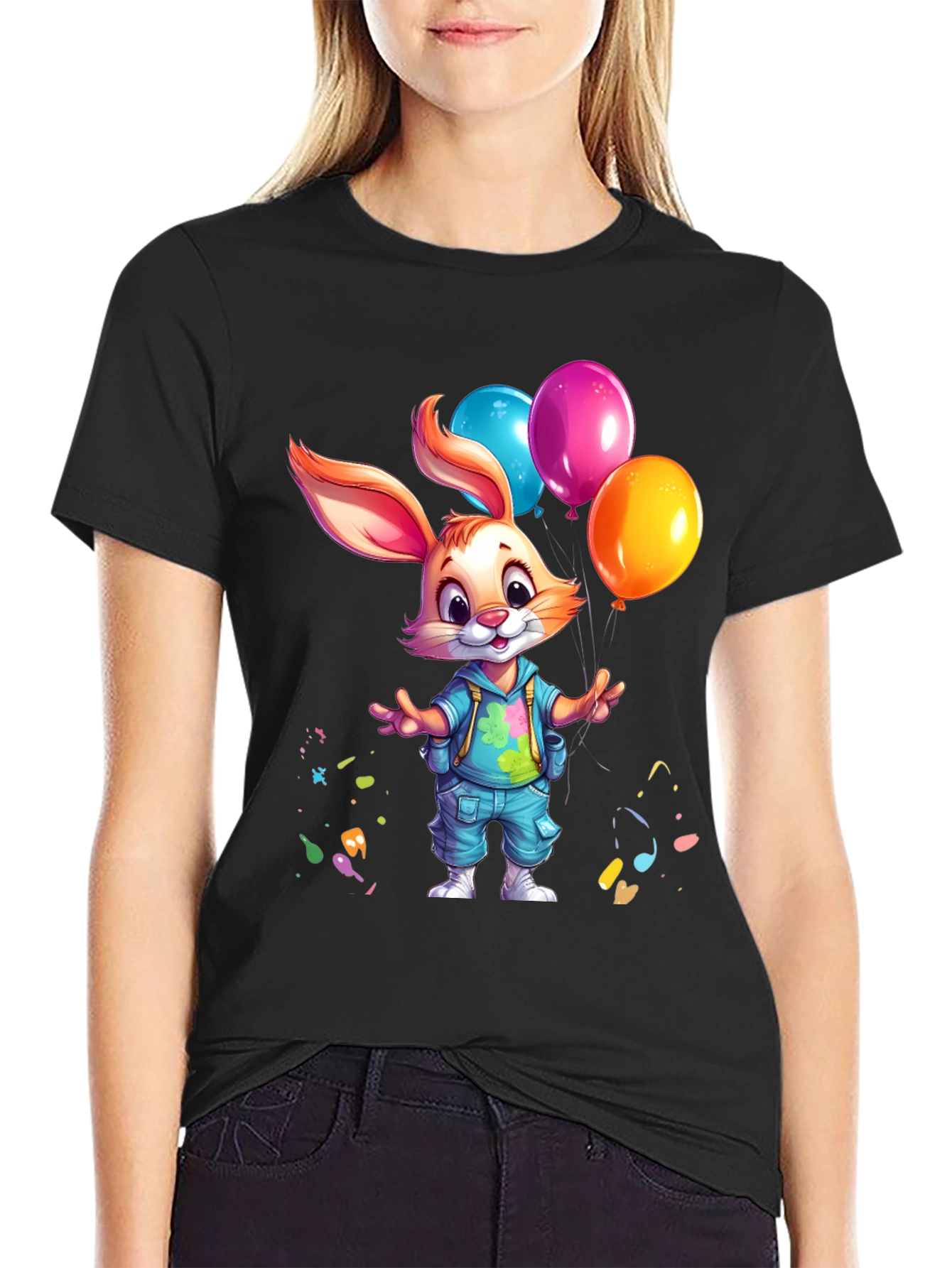 Black Cute Bunny with Balloons Graphic Tee view 2