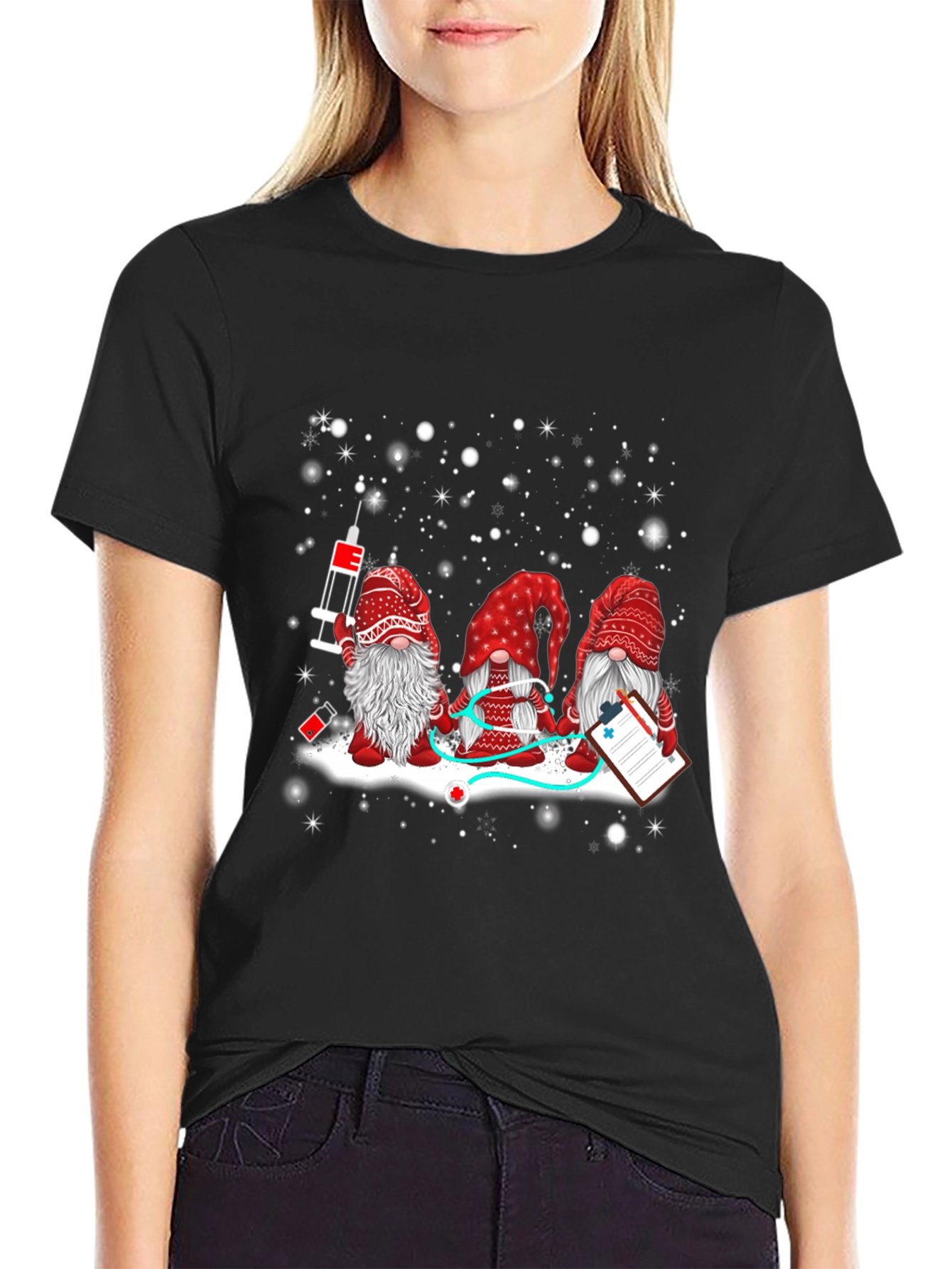 Black Nurse Gnomes T-Shirt - Holiday Medical Tee view 2