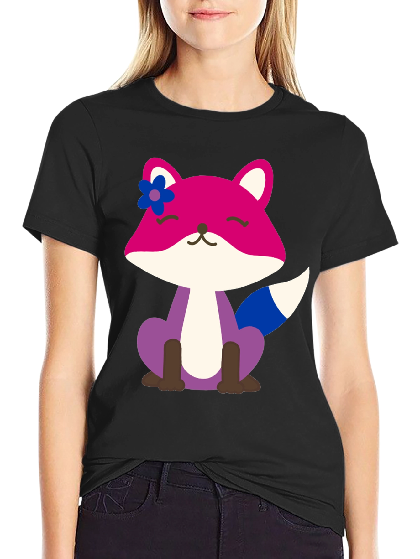 Black Cute Fox Bi Pride T-Shirt - Soft Cotton Blend view 2