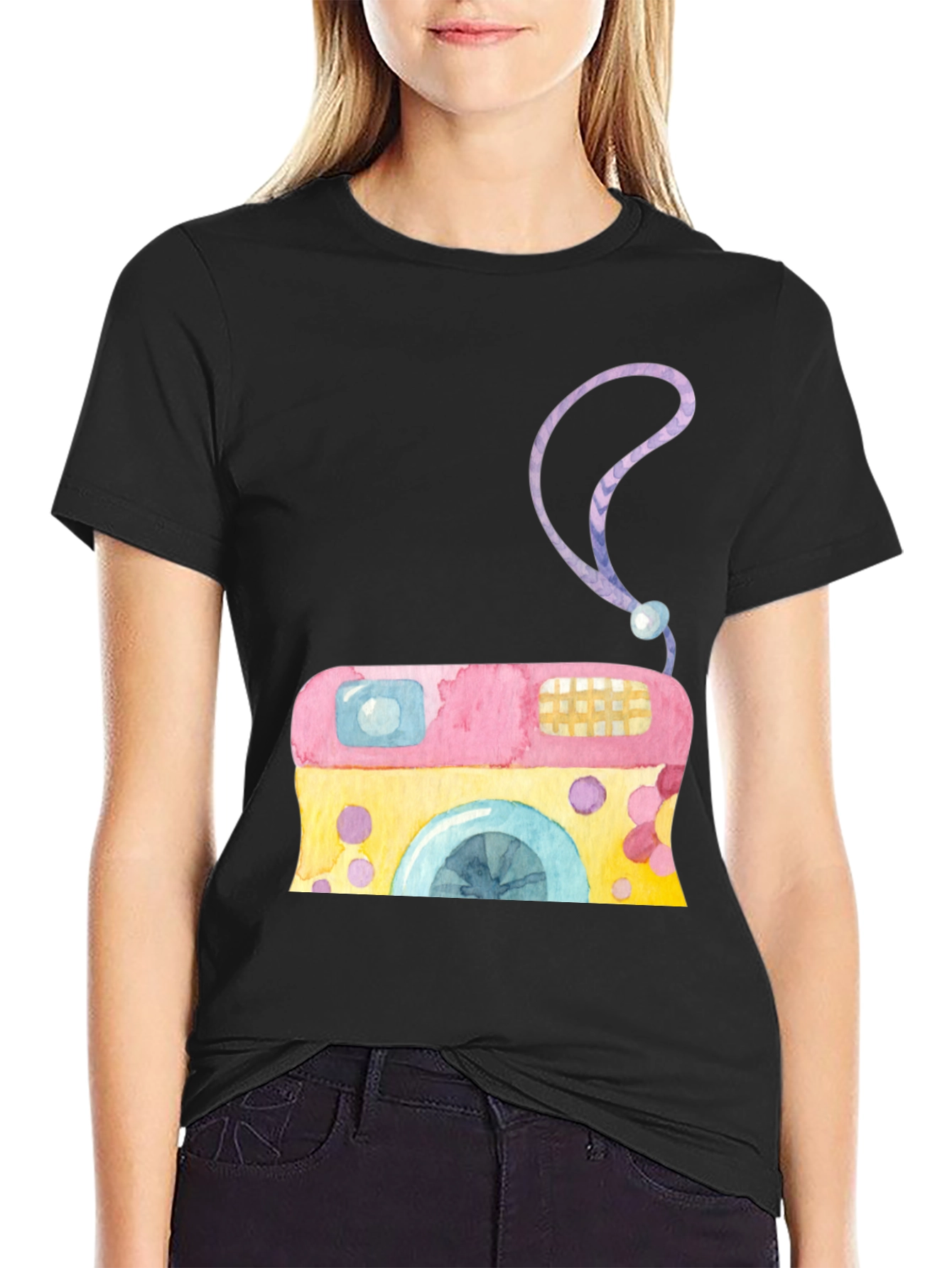 Black Watercolor Camera Graphic Tee view 2