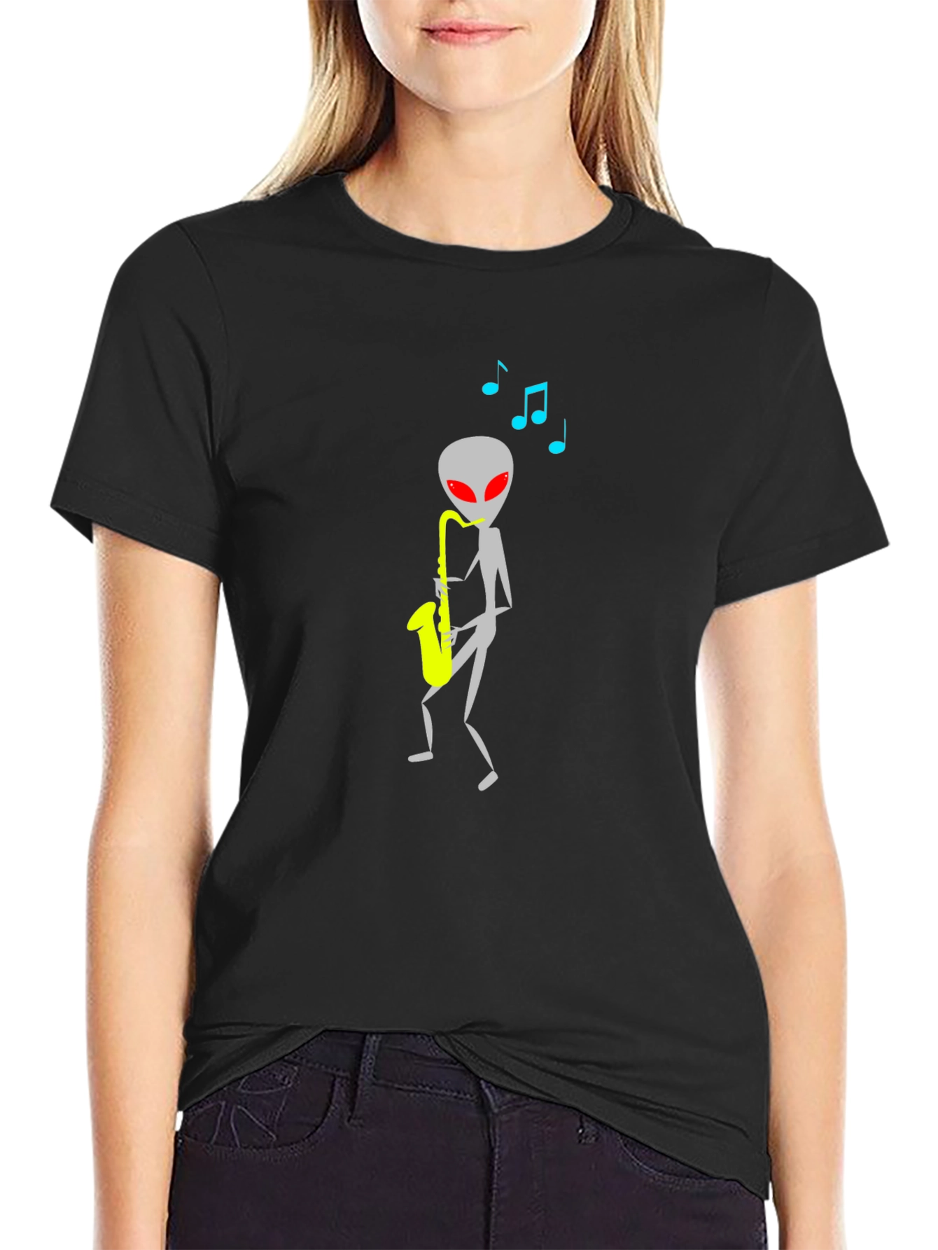 Black Alien Sax Player Black Graphic Tee view 2