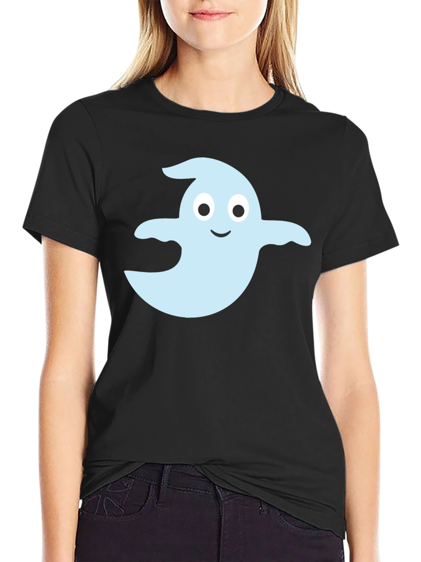 Black Cute Ghost Graphic Tee - Black Cotton Blend view 2