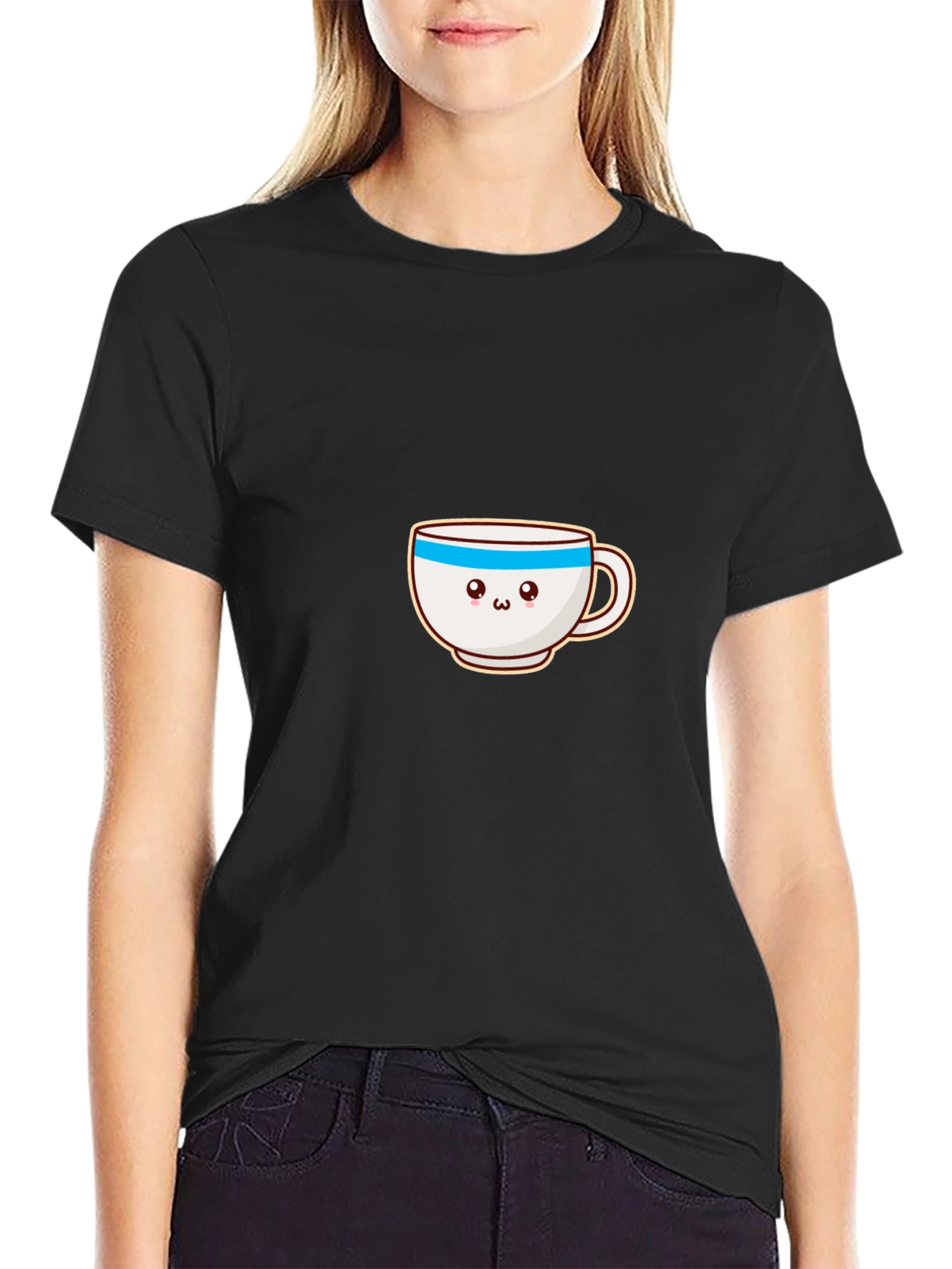 Cute Cartoon Coffee Cup Graphic Tee - Black Cotton Blend - 2