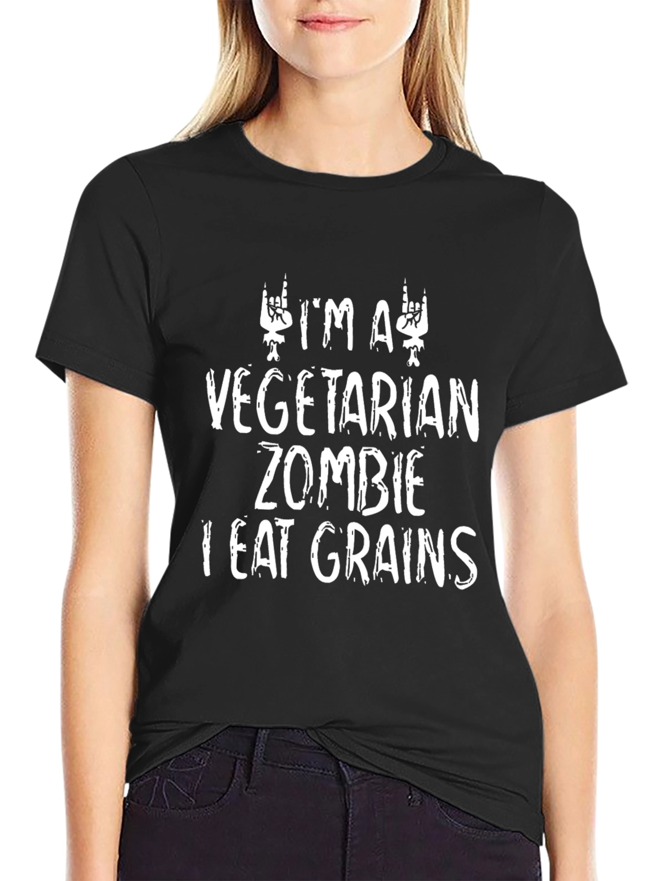 Black Vegetarian Zombie T-Shirt - I Eat Grains Funny Tee view 2