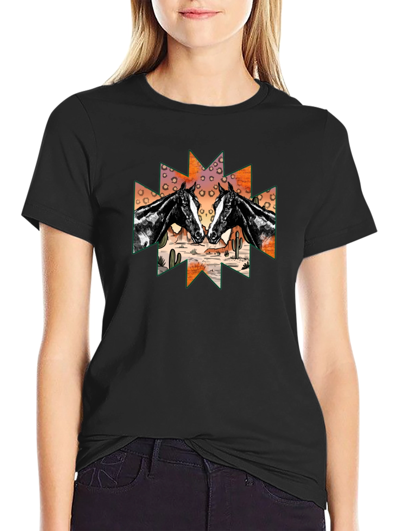 Black Horse Desert Graphic Tee - Unisex Black T-Shirt view 2