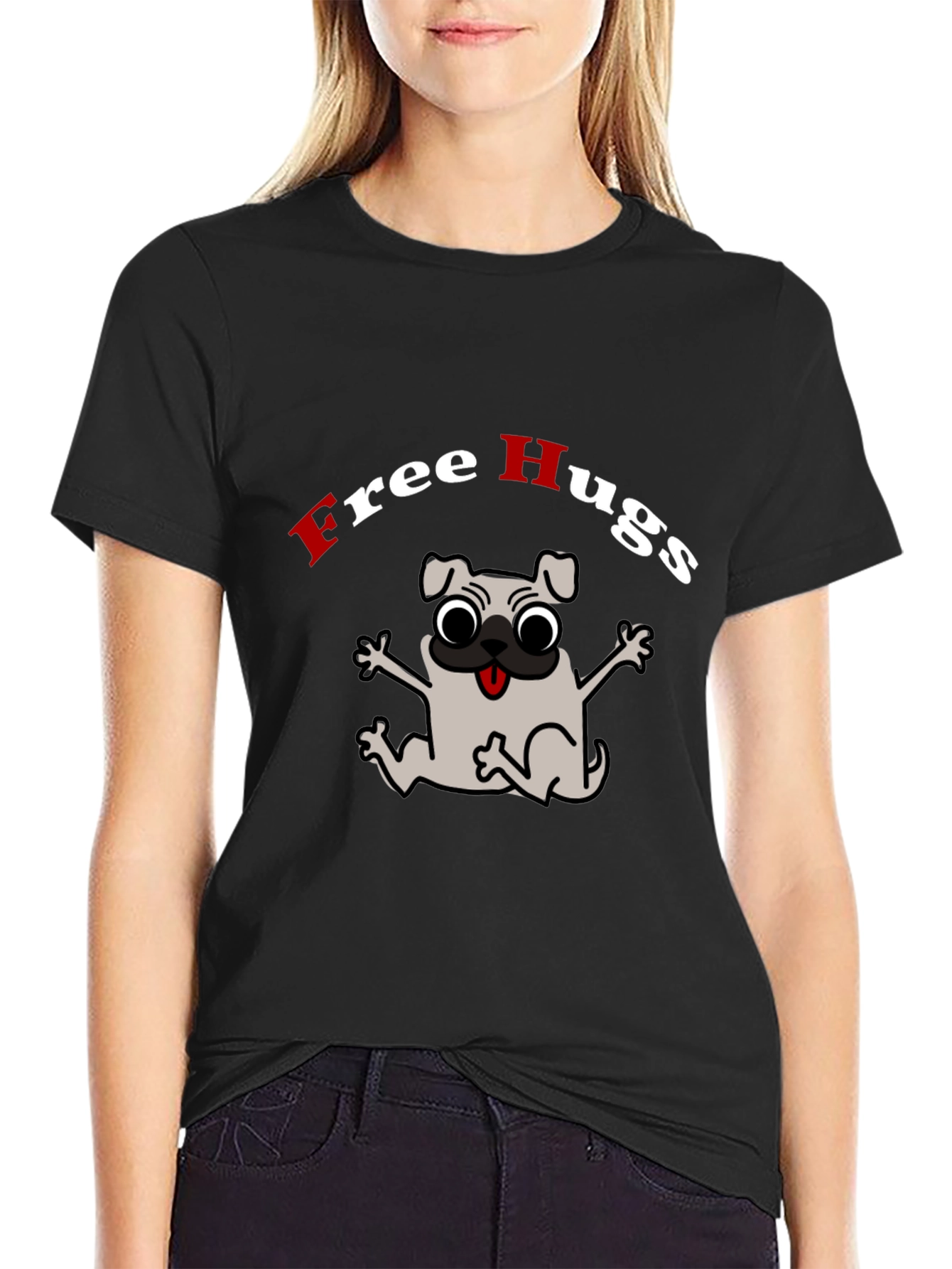 Black Free Hugs Pug Graphic Tee view 2