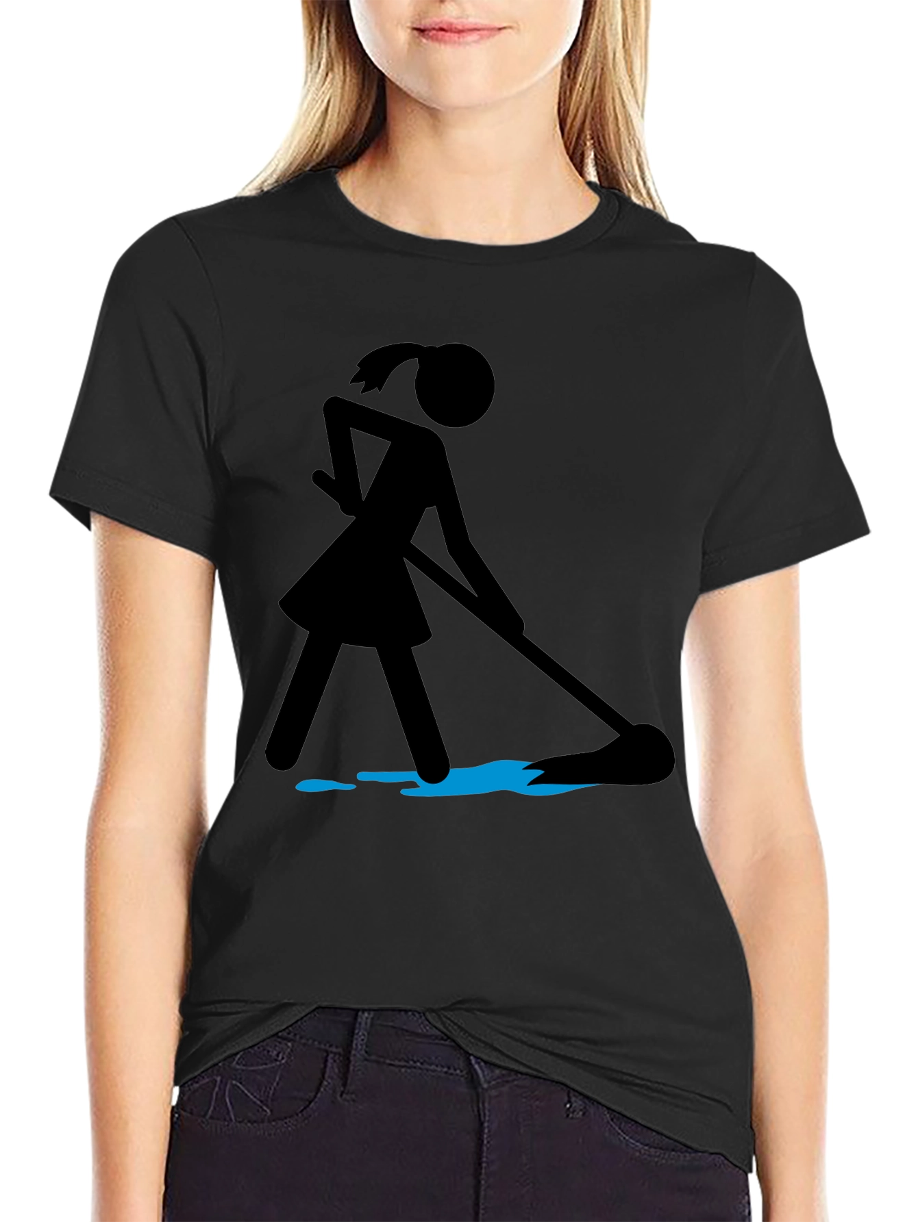 Black Funny House Cleaning Shirt - Stick Figure Mop view 2