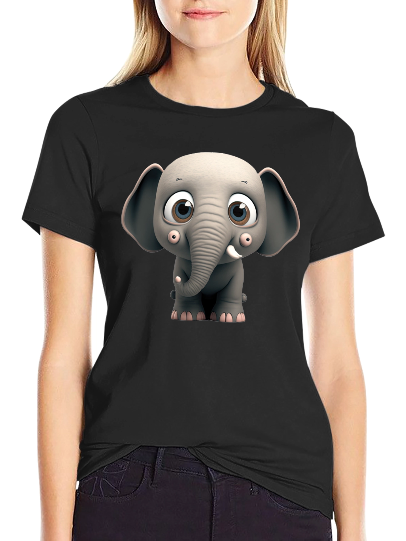Black Cute Cartoon Elephant Graphic Tee view 2