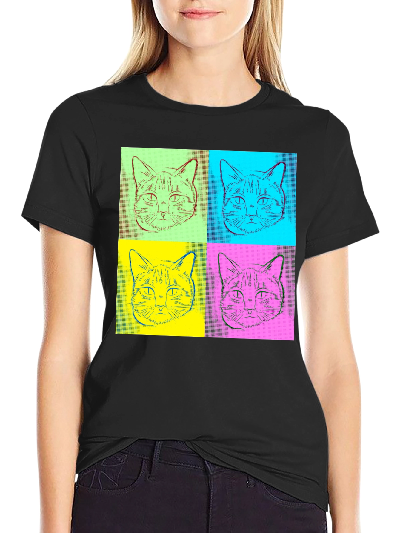 Black Pop Art Cat Graphic Tee - Quirky Black T-Shirt view 2