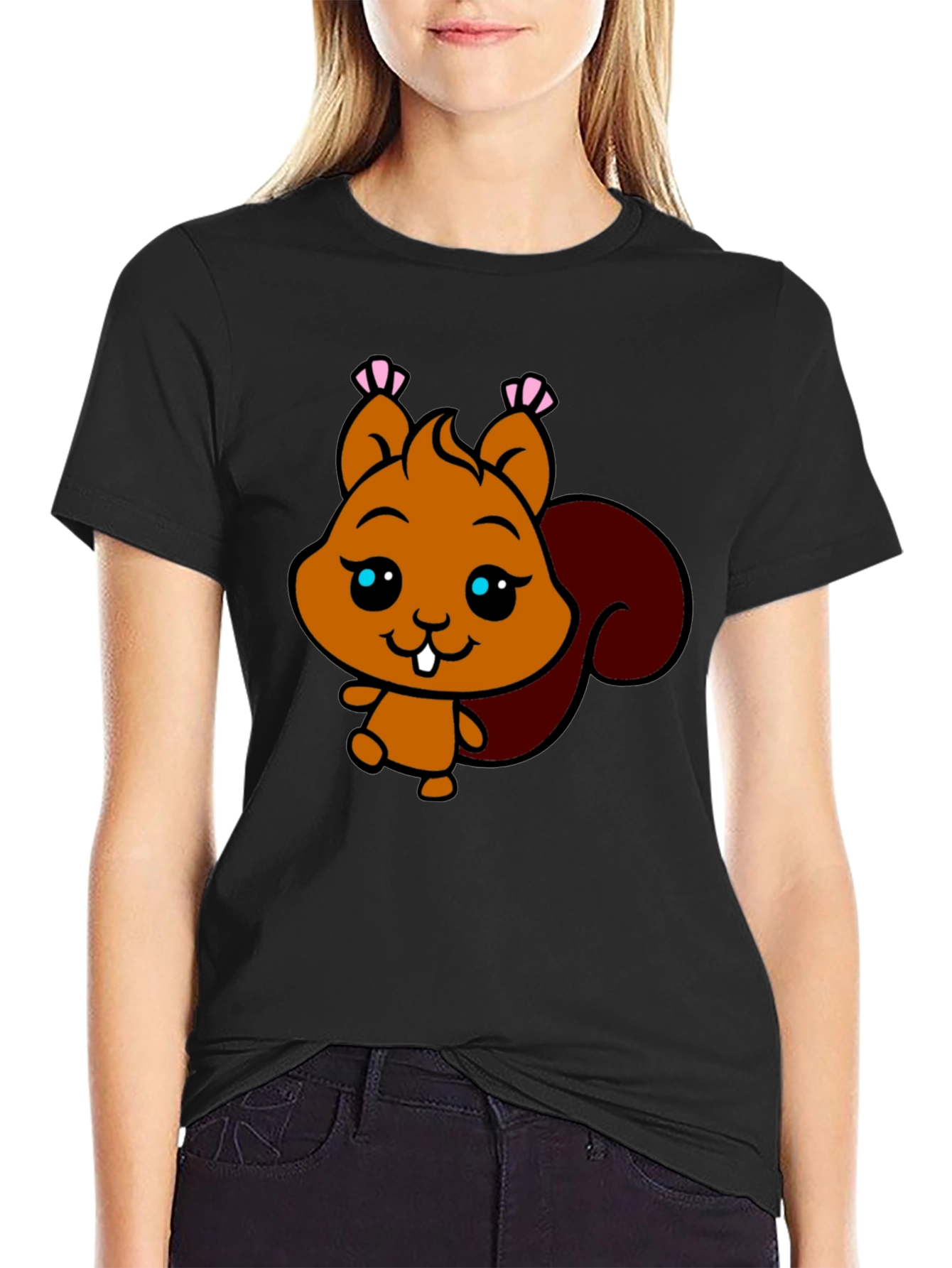 Black Cute Squirrel Graphic Tee - Black Cotton T-Shirt view 2