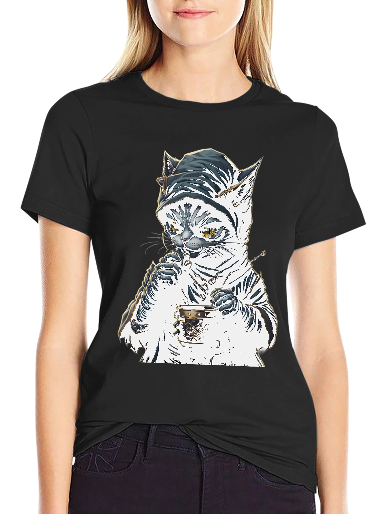 Black Cat T-Shirt: Sophisticated Feline Tea Time view 2