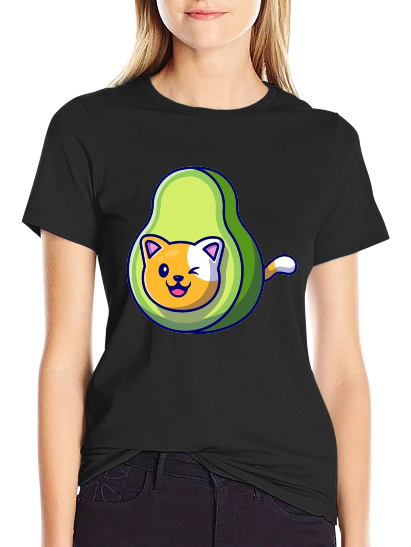 Black Avocado Cat Graphic Tee - Cute Cartoon Shirt view 2